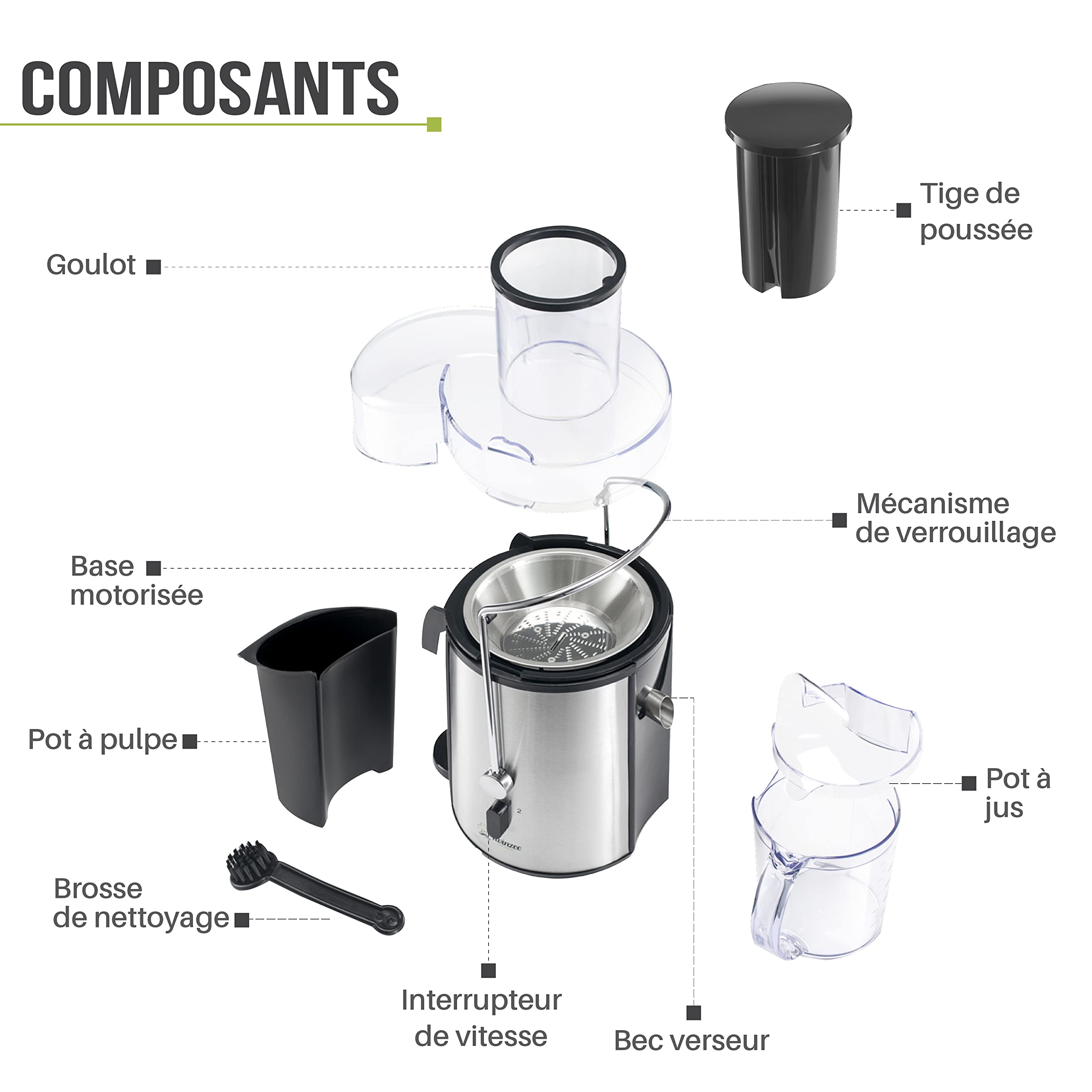 Twinzee Centrifugeuse Extracteur de Jus 850W, Large Bouche (75 mm) - Centrifugeuse Fruits et Legumes, Pieds Anti-Dérapants
