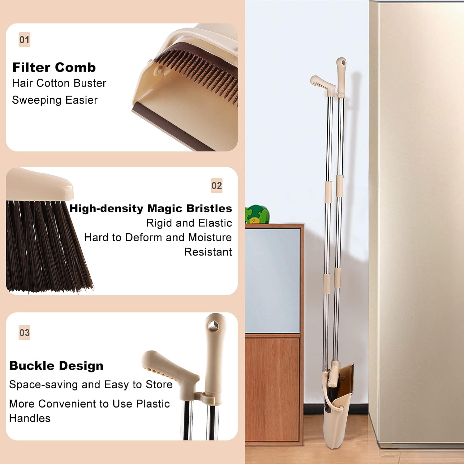 Perastra Long-Handled Broom & Dustpan Set, Upright Standing Dustpan & Super Long Handled Broom with Heavy Duty Bristles for Home Floor Sweeping (Beige White)