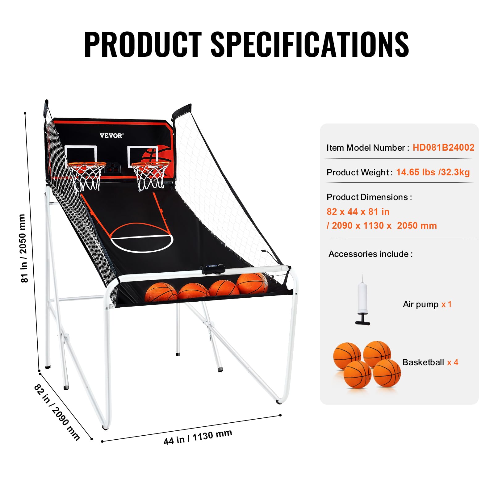 VEVOR Juego de baloncesto plegable de arcade, juego de baloncesto interior para 2 jugadores, deporte dual en casa con 4 bolas, 8 modos de juego, marcador electrónico y bomba de inflado, para adultos 7