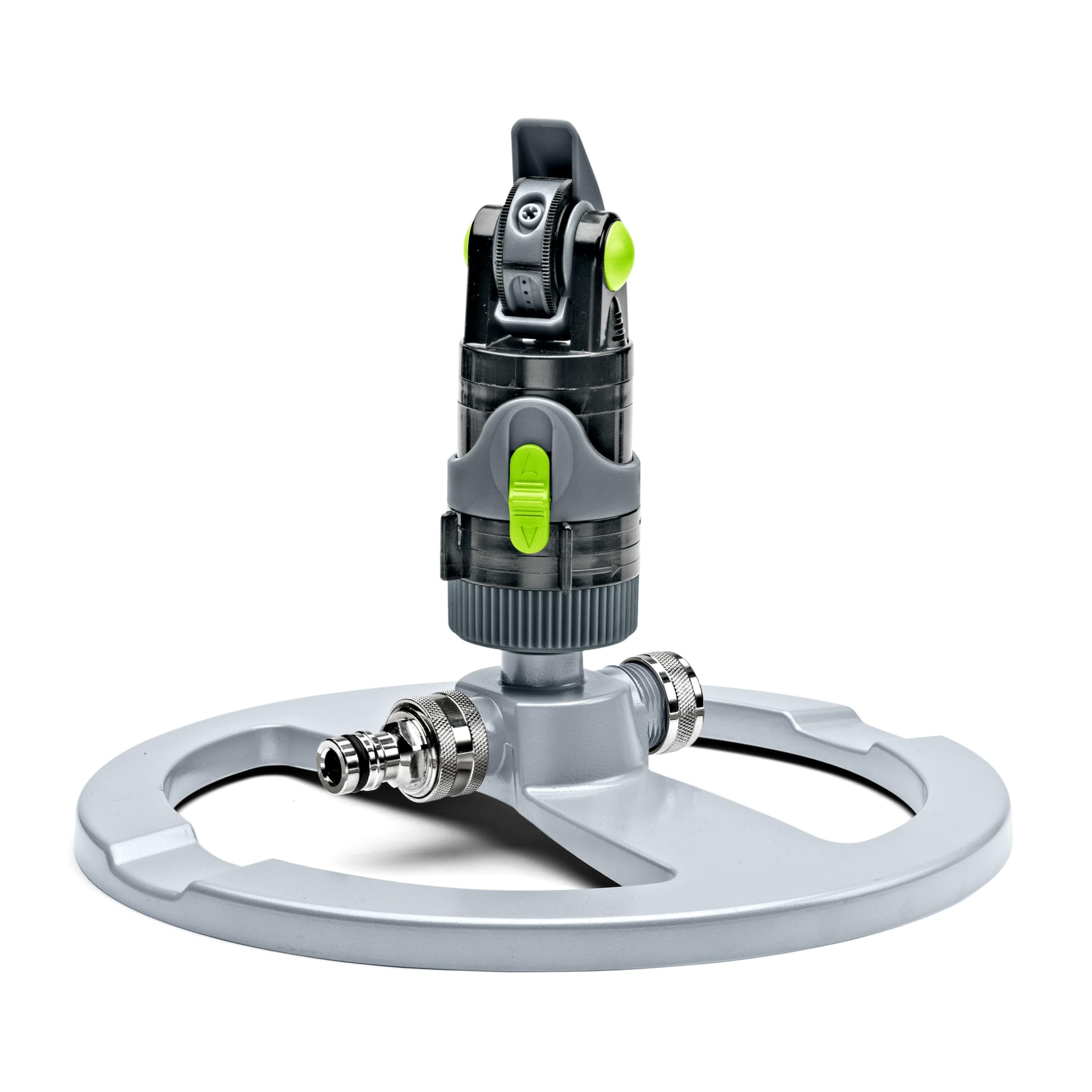 Irrigatore a impatto per cortile, giardino e grandi aree, irrigatore rotante a pulsante con testa rotante regolabile a 360 gradi, 4 modalità di spruzzo e base in metallo resistente Kings County Tools