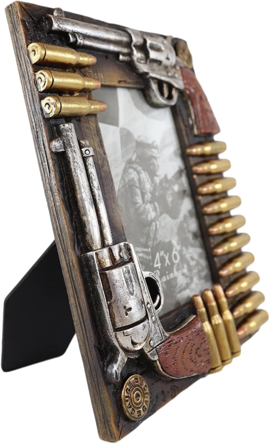 Ebros Gift Wild West Outlaw Dual Pistol Revolver Guns With Golden Bullet Shells Casings Picture Frame with Easel Back And Wall Mounting Photo Frame 4"X6" Western Rustic Cowboy Cowgirl Accent