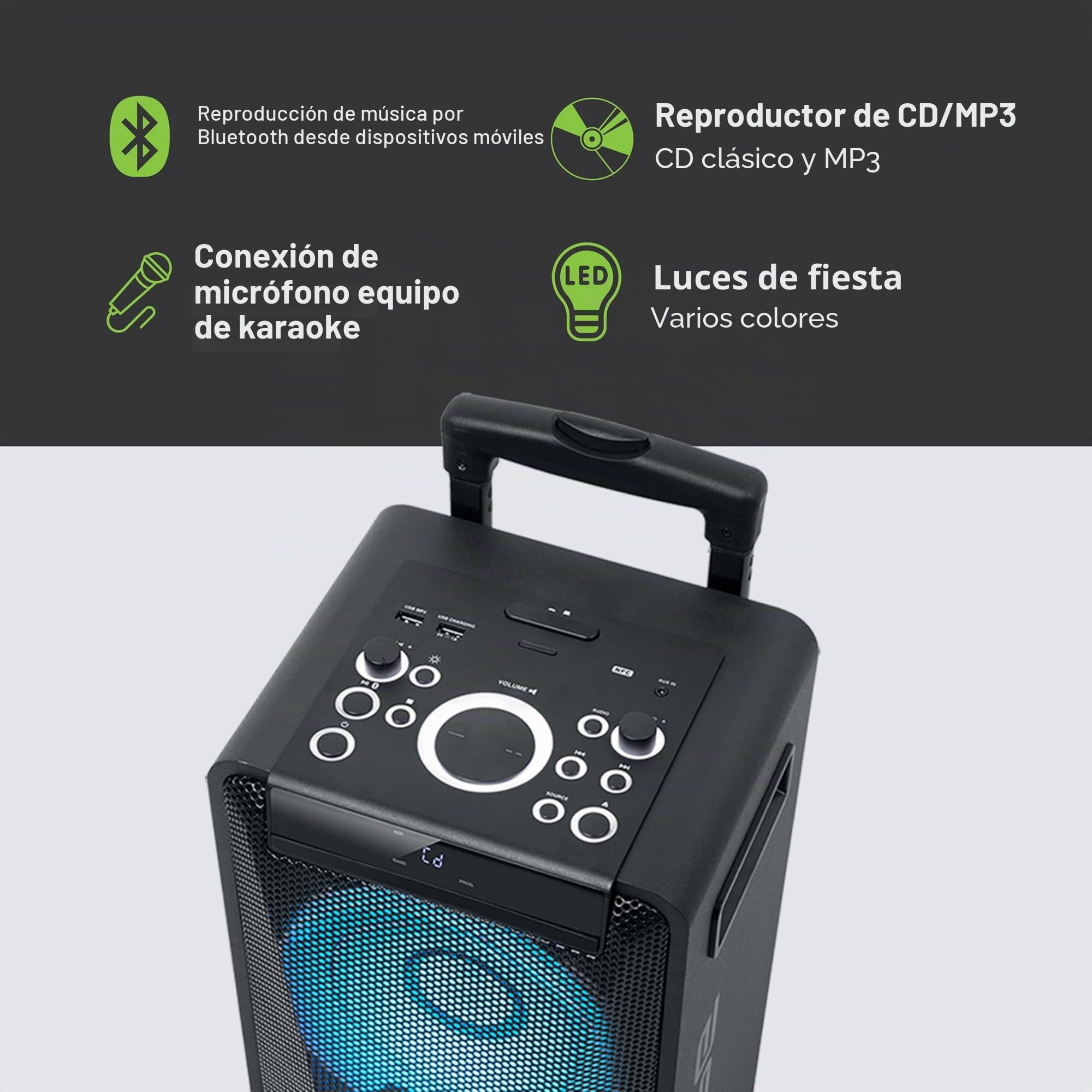 Muse M1920DJ Equipo PA con batería de 300 W con CD, Bluetooth y Efectos de luz (USB, AUX, micrófono, Mando a Distancia), Color Negro