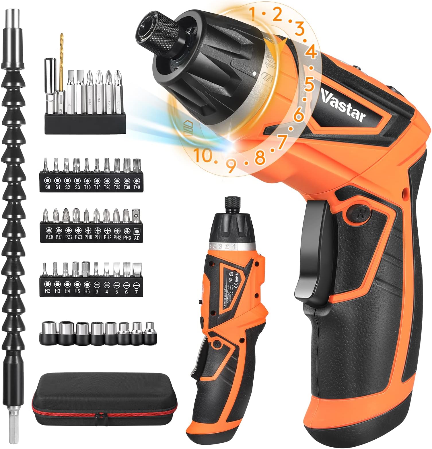 Vastar 7.2V Cordless Screwdriver, Electric Power Screwdriver Set With Rechargeable Battery & Pivoting Handle, 320RPM/10+1 Torque Small Automatic Screw driver Kit with 47Pcs Bits/LED Front Light