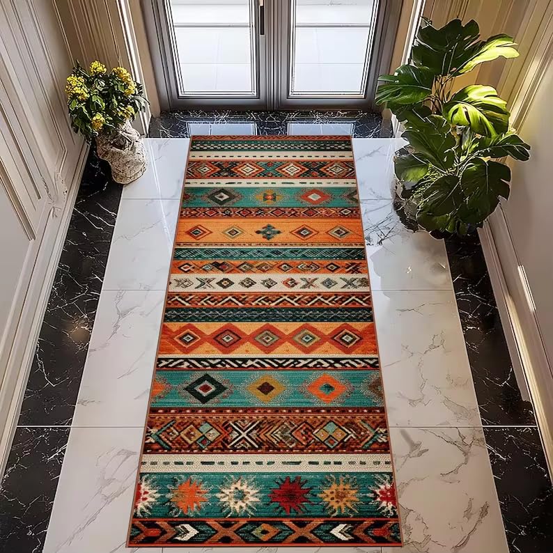 Alfombra de Pasillo Tribal de 70x150 cm Geométrica en Color Naranja y Verde