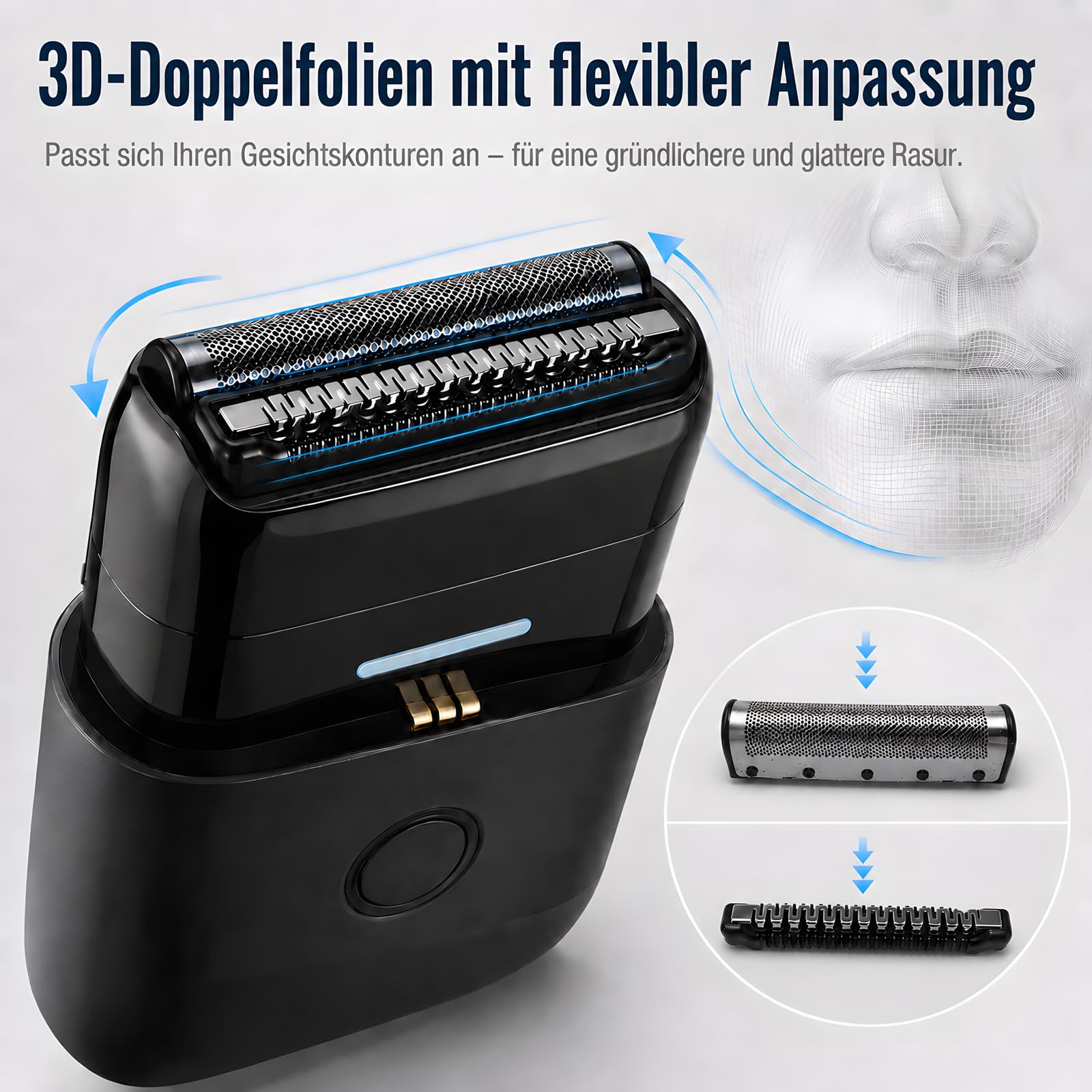 Rasierer Herren Elektrisch, Protable Folienrasierer mit doppelter schwimmender Klinge & UV-Lampe, IPX7 Elektrischer Kabelloses Rasiermesser mit Reiseschloss, USB-C wiederaufladbarer Trimmer für Männer