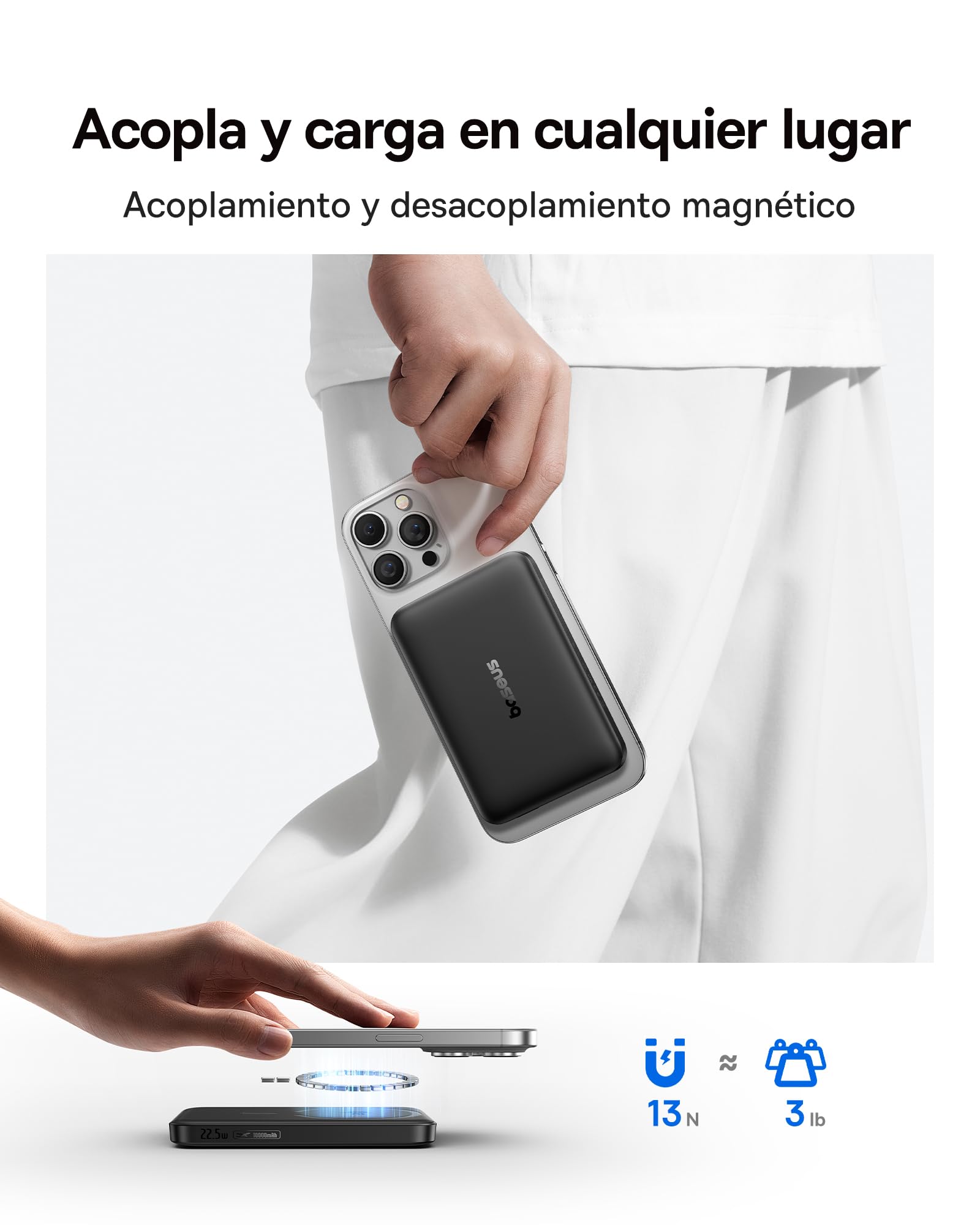 OS-FunderFill FM12 Qi2 Batterie externe magnétique 10 000 mAh 22,5 W Noir (un seul câble USB-C vers USB-C, 20 V/3 A, 30 cm, noir)