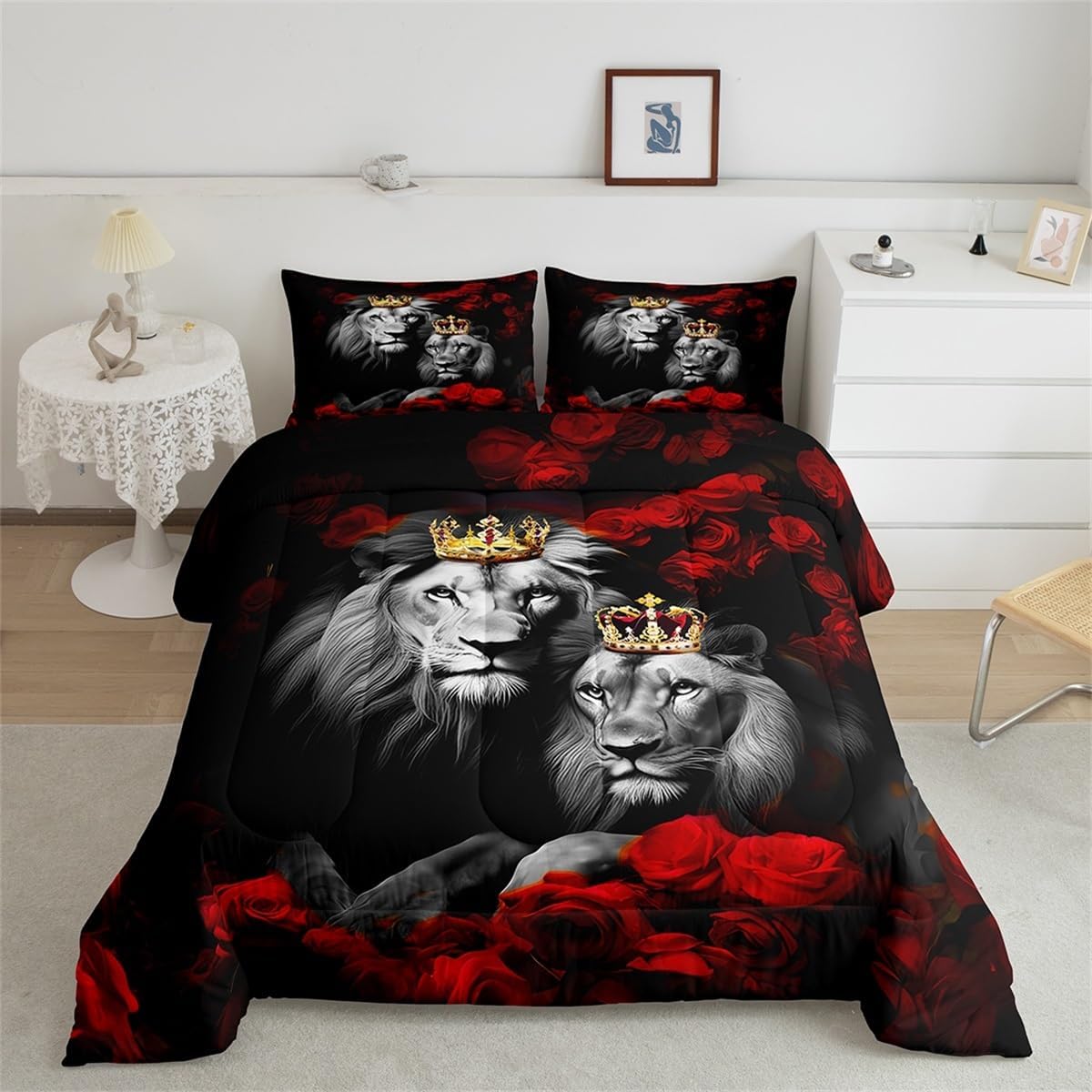 jejeloiu Wild Lion Couple Comforter Set Full Size Couple Red Rose Floral Comforter for Girls Women Lover Gold King and Queen Crown Bedding Set Valentine's Day Duvet Set Room Decor