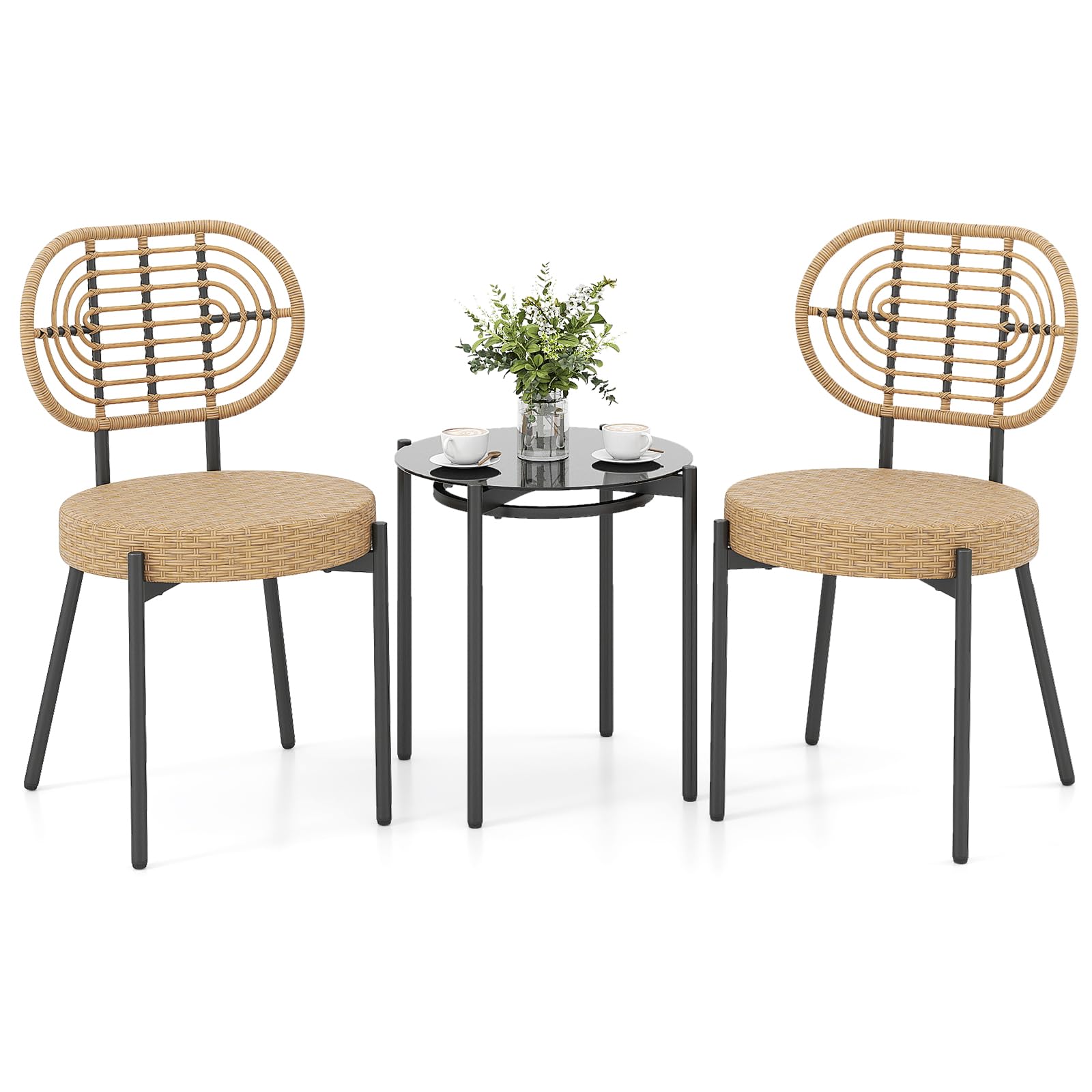 COSTWAY 3 Pieces Wicker Patio Bistro Set, Outdoor Conversation Set with Tempered Glass Coffee Table and Rattan Chairs, Metal Frame Garden Furniture Set for Balcony, Lawn and Poolside