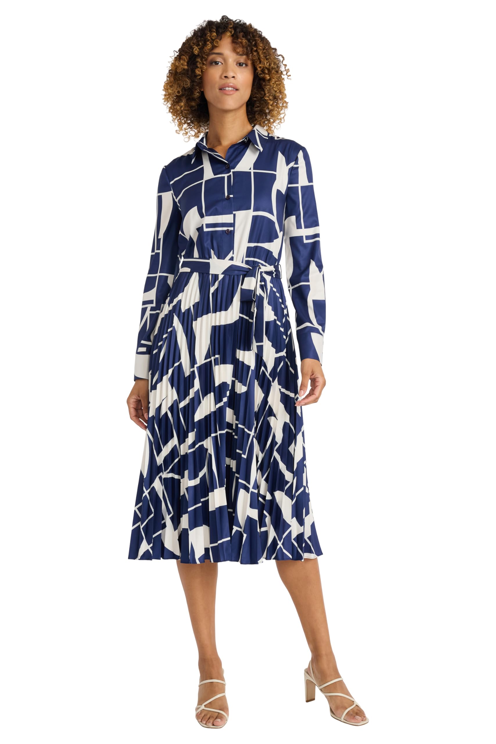 Maggy London Women's Pleated MIDI Shirt Dress, Navy/Cream at