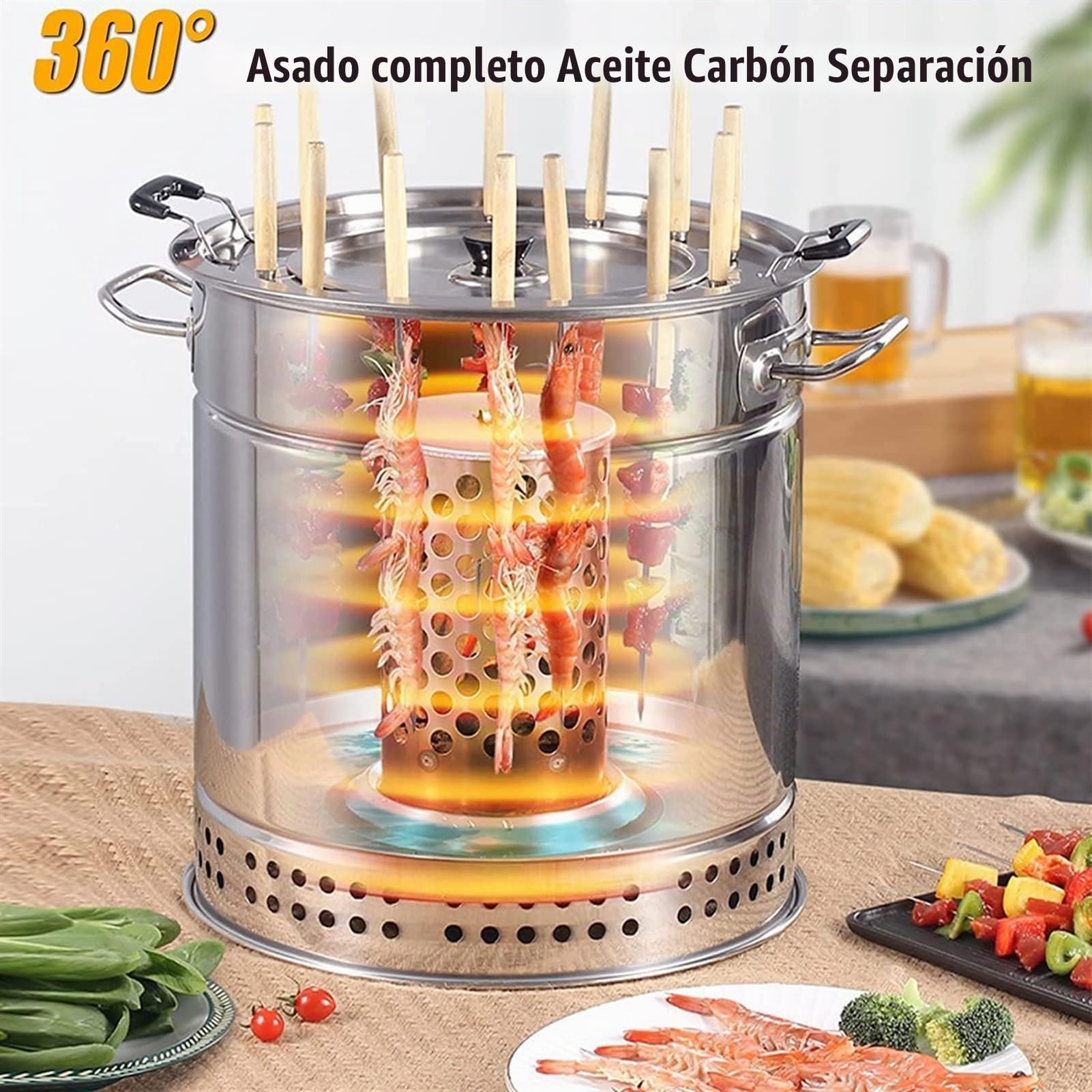 GAOXIAO Barril Asador de Carne Sin Humo Interior, Parrilla de Barbacoa de Carbón Sin Humo BBQ Portátiles con Forma de Barril Envolvente de Acero Inoxidable para Exteriores Silver Small (22 skewers)