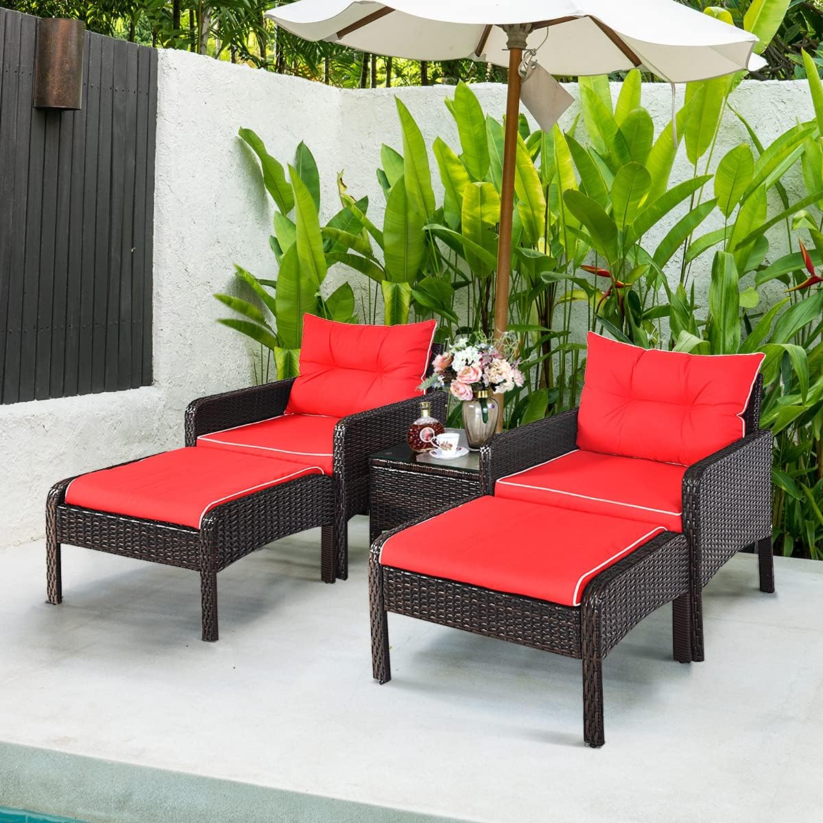 5 Pieces Wicker Patio Furniture Set, Outdoor Sectional Wicker Conversation Set with 2 Ottomans & Tempered Glass Top Coffee Table, Outdoor Lounge Chair Set for Balcony, Poolside(Red)