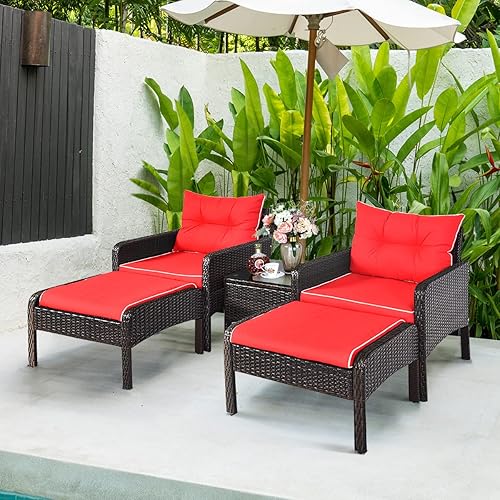 Miniatura 8 de Juego de muebles de mimbre para patio, juego de conversación de mimbre modular para exteriores con 2 otomanas y mesa de centro de vidrio templado,