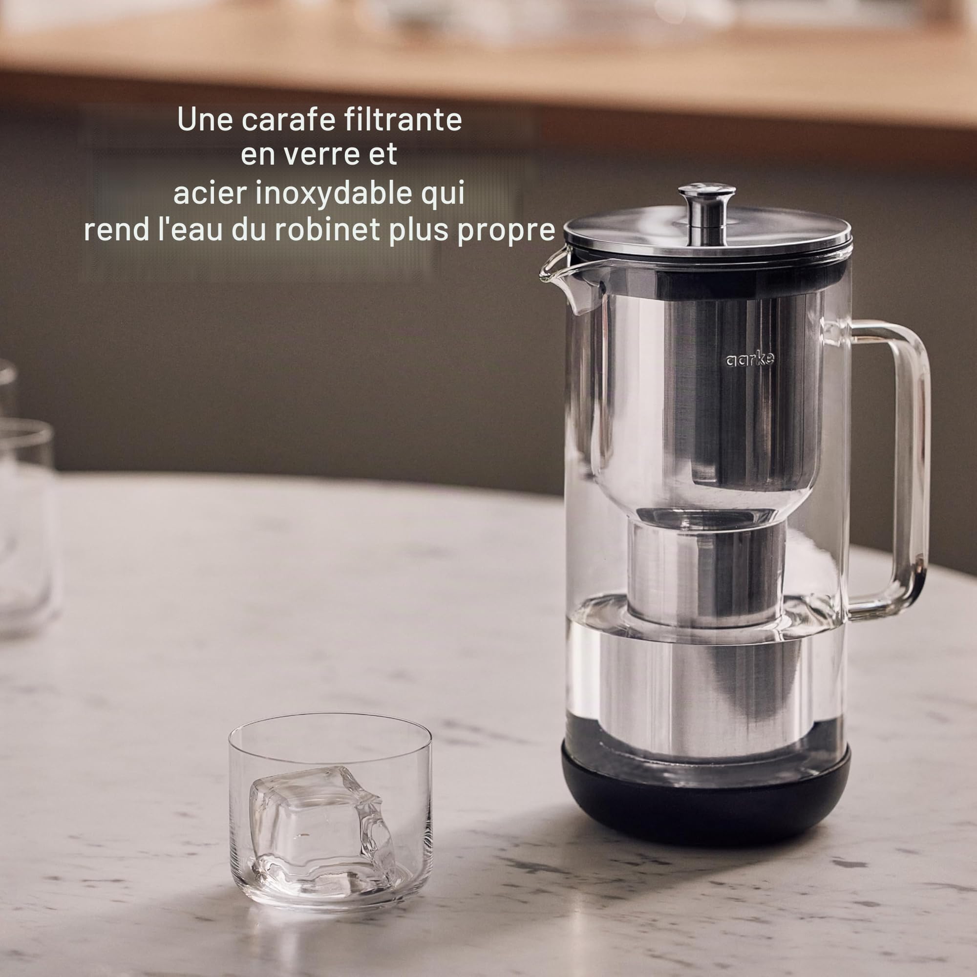 Aarke Purifier, carafe filtrante en verre et acier inoxydable (2,4 L / 10 tasses) + lot de 3 sacs de recharge de filtre Pure