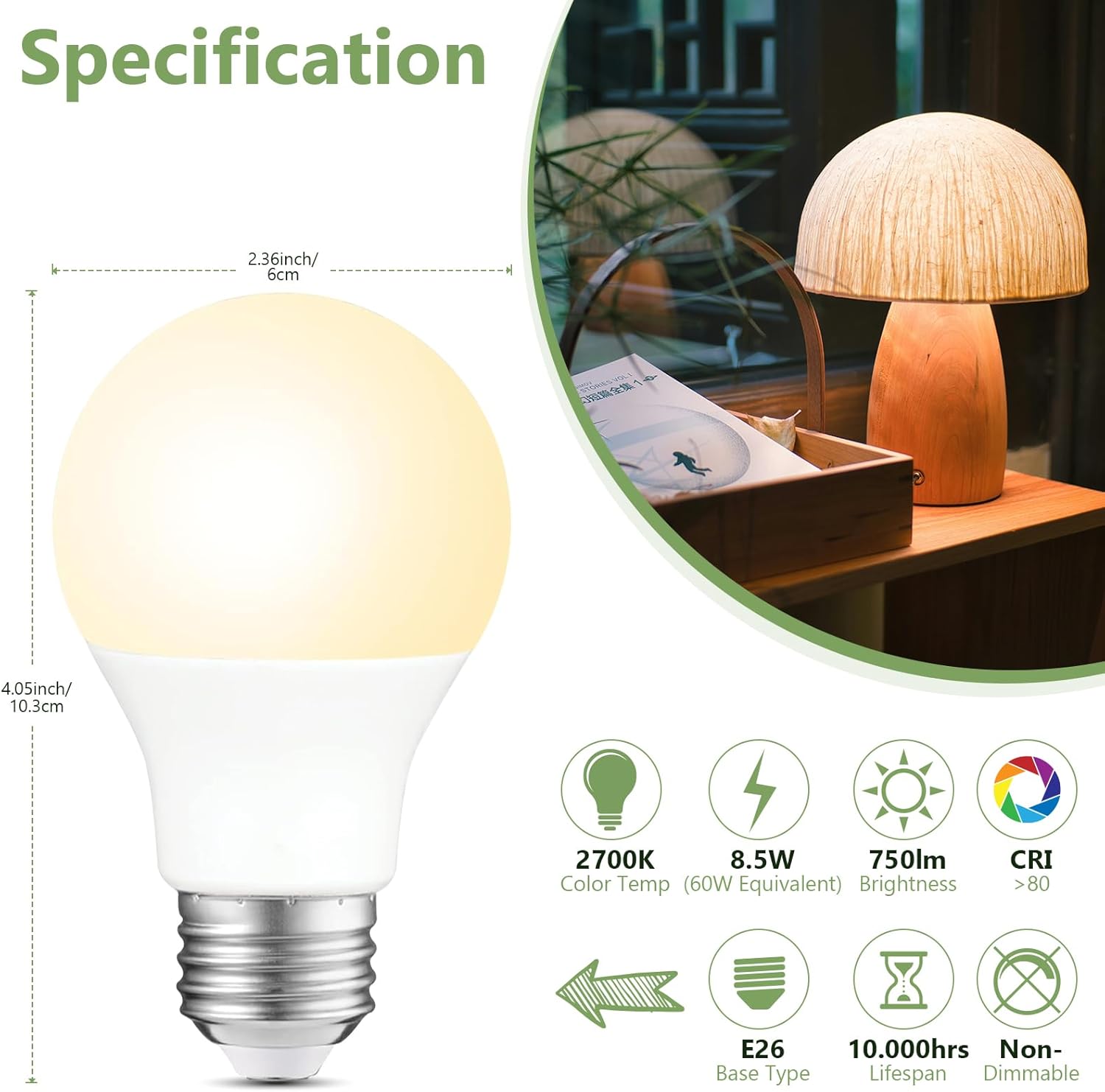 A19 LED Light Bulbs, 60W Equivalent Soft White 2700K, 750 Lumens Non-Dimmable LED Bulbs, Efficient 8.5W, 10000 Hours Long-Lasting E26 Base Standard Bulbs for Bedroom Living Room Kitchen, 4 Pack - Image 3