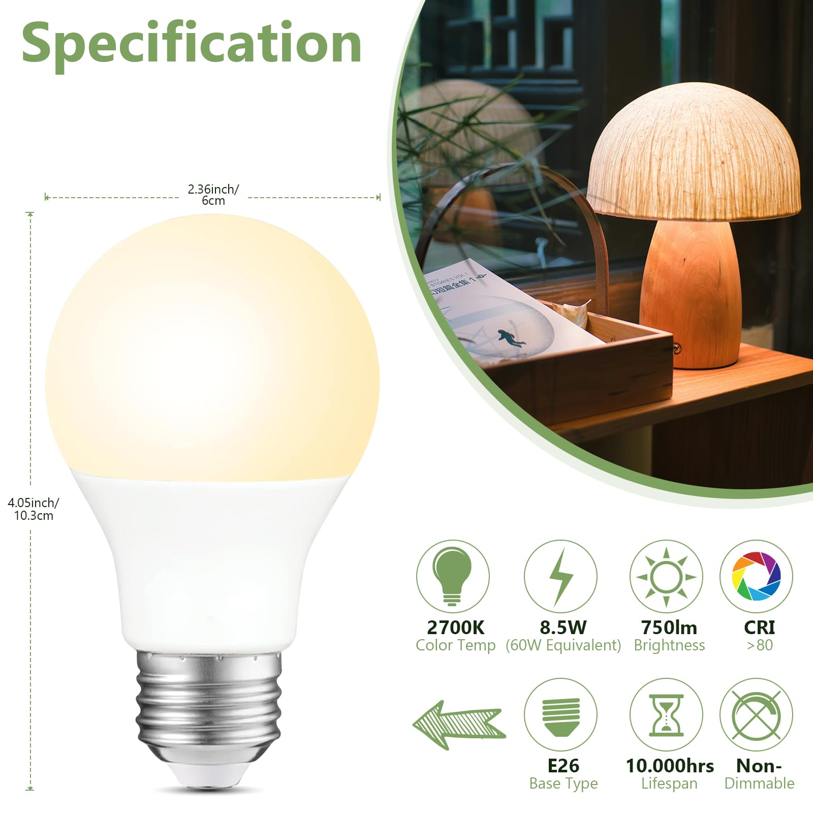 A19 LED Light Bulbs 60W Equivalent Soft White 2700K 750 Lumens Non-Dimmable LED Bulbs Efficient 8 5W 10000 — view 3
