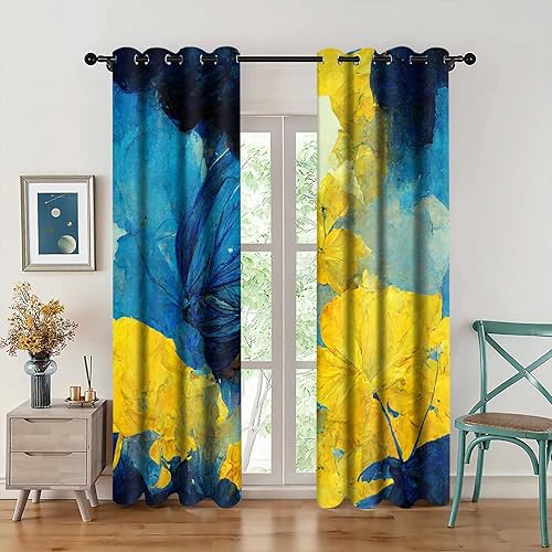 Miniatura 7 de CLOKMS0073 - Cortinas opacas de arte abstracto, modernas, con estampado azul amarillo, con diseño vibrante, paneles de cortina para ventana con