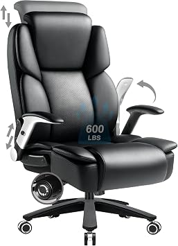 600lbs Big and Tall Office Chair for Heavy People,Heavy Duty Comfy Executive Office Desk Chair with Adjustable Lumbar Support,High Back Reclining PU Leather Computer Chair,Metal Base Classic, Black1