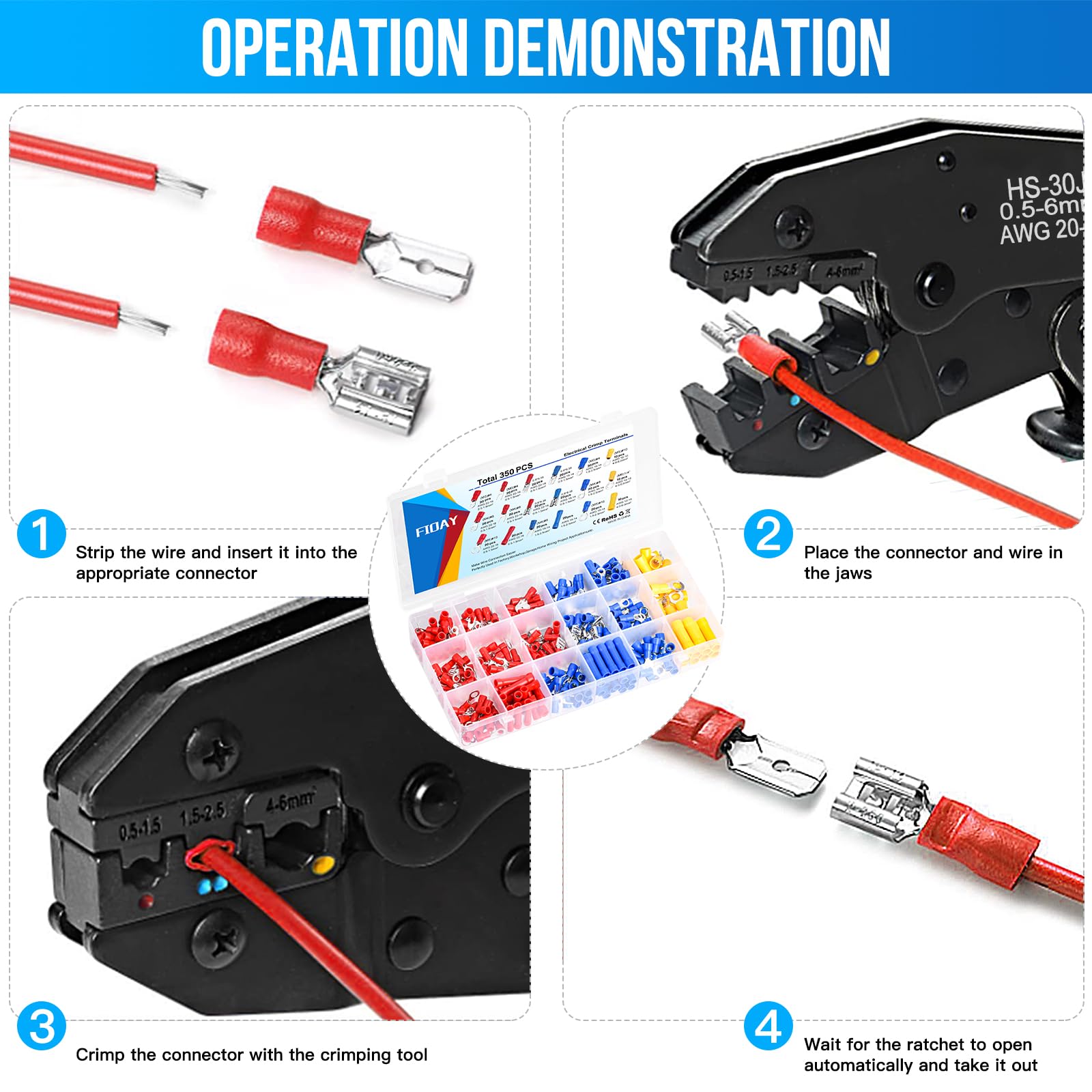 Juego de pinzas para engarzar cables,Set Alicates Terminales Electricos,Crimpadora Terminales electricos,Alicates de Terminales con 18 tipos 350PCS 0.5-6 mm² Conectores De Crimpado Aislados