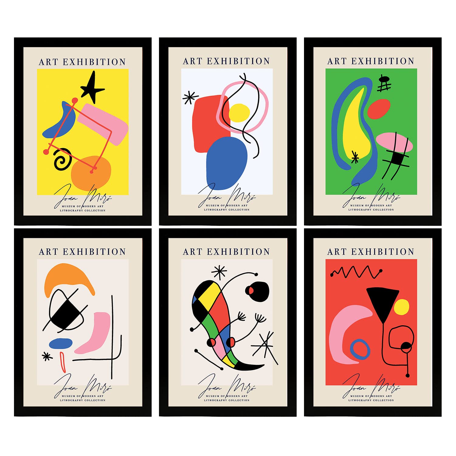 Nacnic Joan Miro 01 Set Of 6 Joan Miró Artistic Illustrations. Collection Of Decorative Paintings By The Famous Artist. Surrealism And Expressionism. Prints For Interior Design And Decoration. A3 Black Frames.