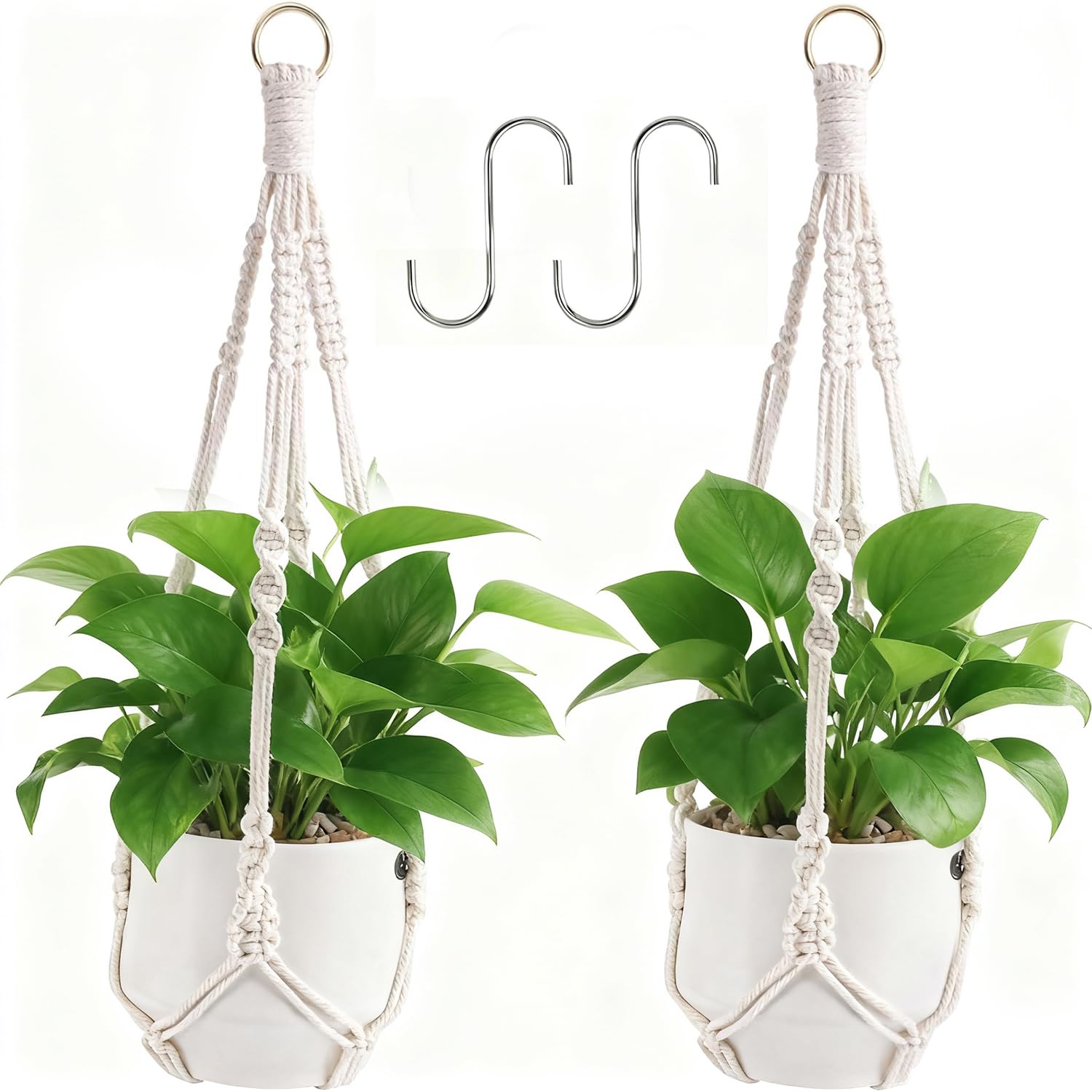 hankousi Pack of 2 Macrame Plant Hangers with Hooks, 51.5cm Breathable Hanging Baskets for Flower Pots, Boho Style Indoor Outdoor Wall Decoration for Garden, Balcony, Living Room