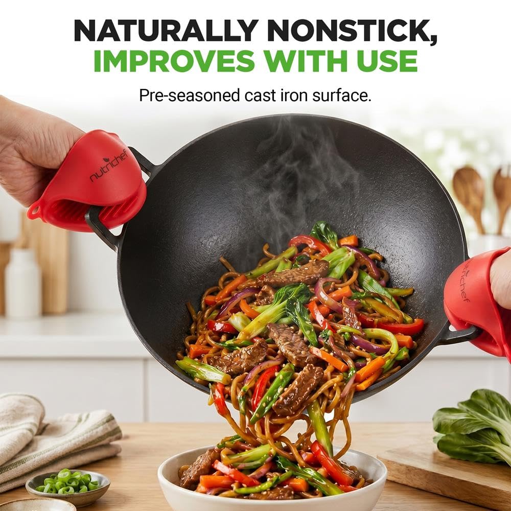 NutriChef Padella in ghisa da 29 cm, padella wok a induzione con coperchio, padella in ghisa per tutti i tipi di fornelli, adatta al forno, non rivestita, antiaderente, padella profonda con manici