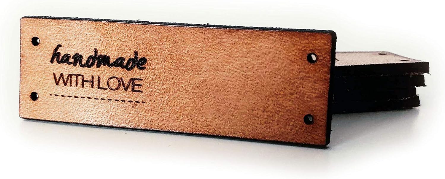 Customized Leather Tag - Handmade with Love - Mod. E - Handmade Tags for Crochet Sewing Labels (Customized Text - 30 Pieces)