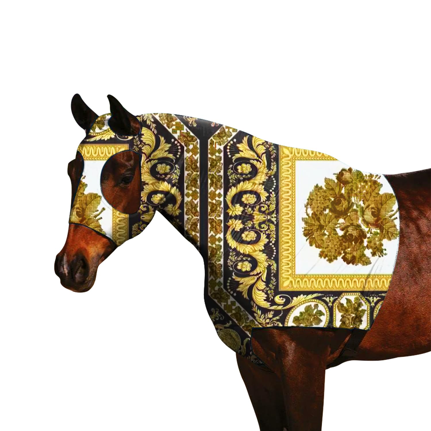 Horse Stretch Slicker Hood with Zipper, Earless Design, Black Gold, Size M