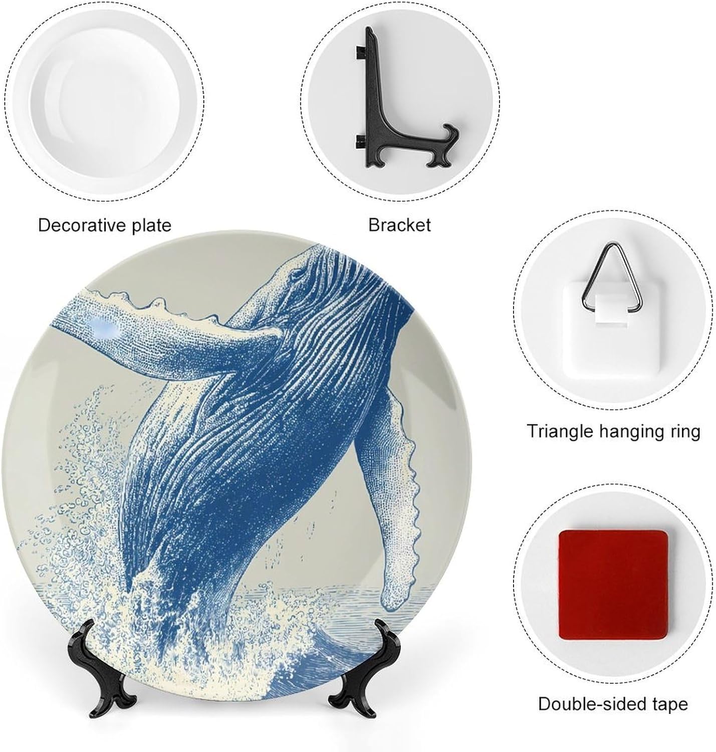 Japanese Whales Jumping Decorative Plates for Display Ceramic Plate Tray with Stand Hanger Home Decor