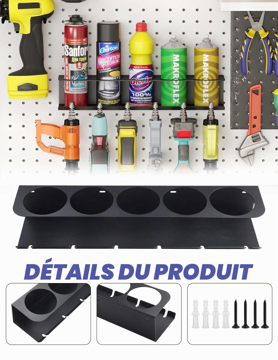 Support de canette, support de bombe aérosol, accessoire pour garage atelier, espace pour 5 pulvérisateurs et 6 compressed Air 2 pièce