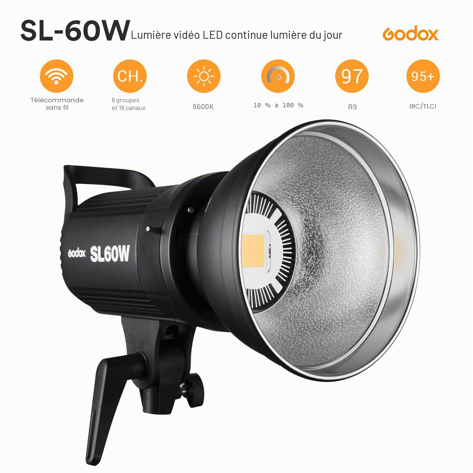 Godox SL-60W 5600 ± 300K Bowens Mount Flash Stroboscopique Version Blanche Lumière Vidéo Contrôle sans Fil Continu sur Photographie Studio Lumière pour Photo Photographie Enregistrement Vidéo