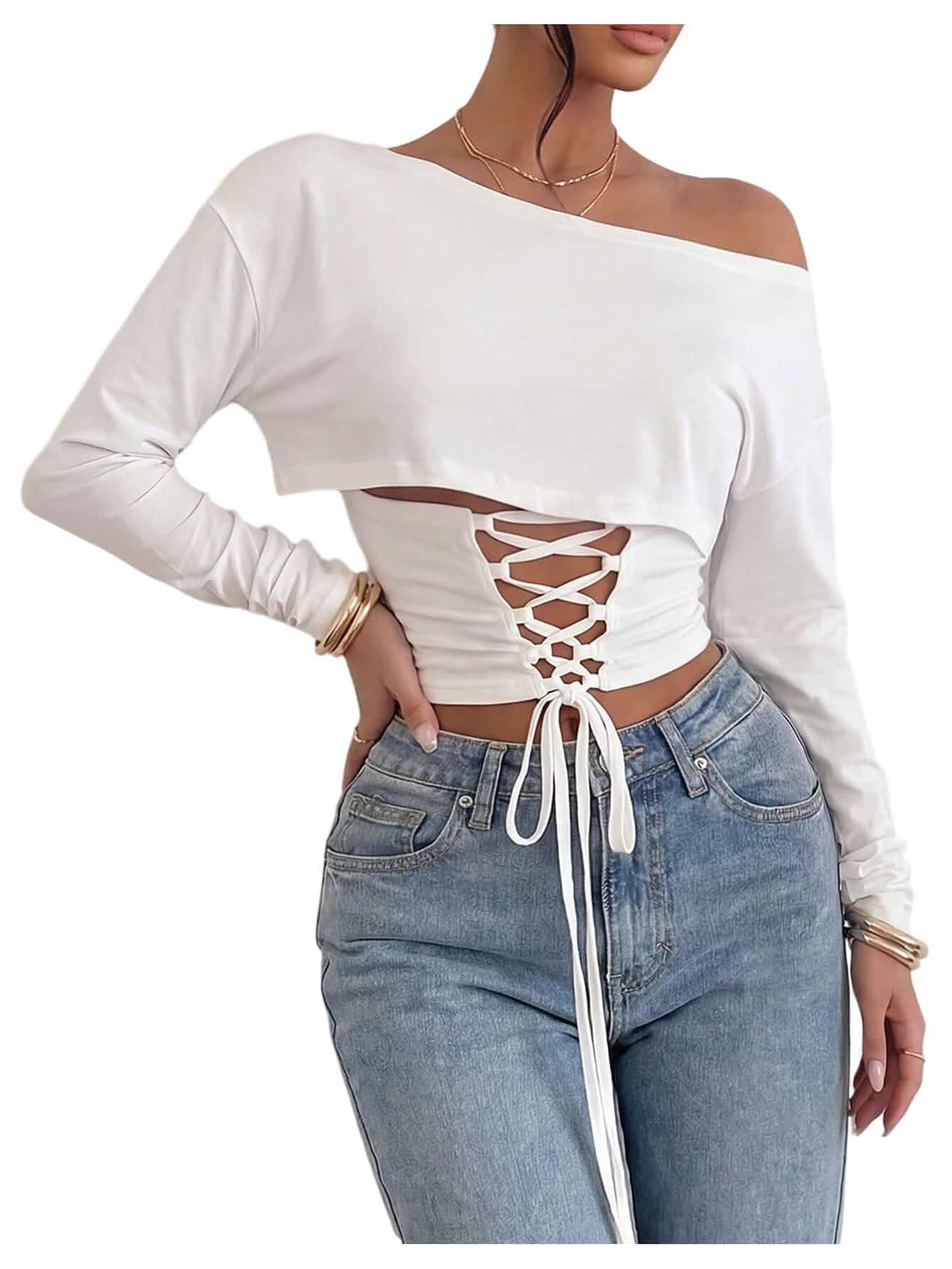 SweatyRocks Women's Off The Shoulder Long Sleeve Y2k Crop Tops Lace Up Cinched Waist Corset T Shirts Long Sleeve