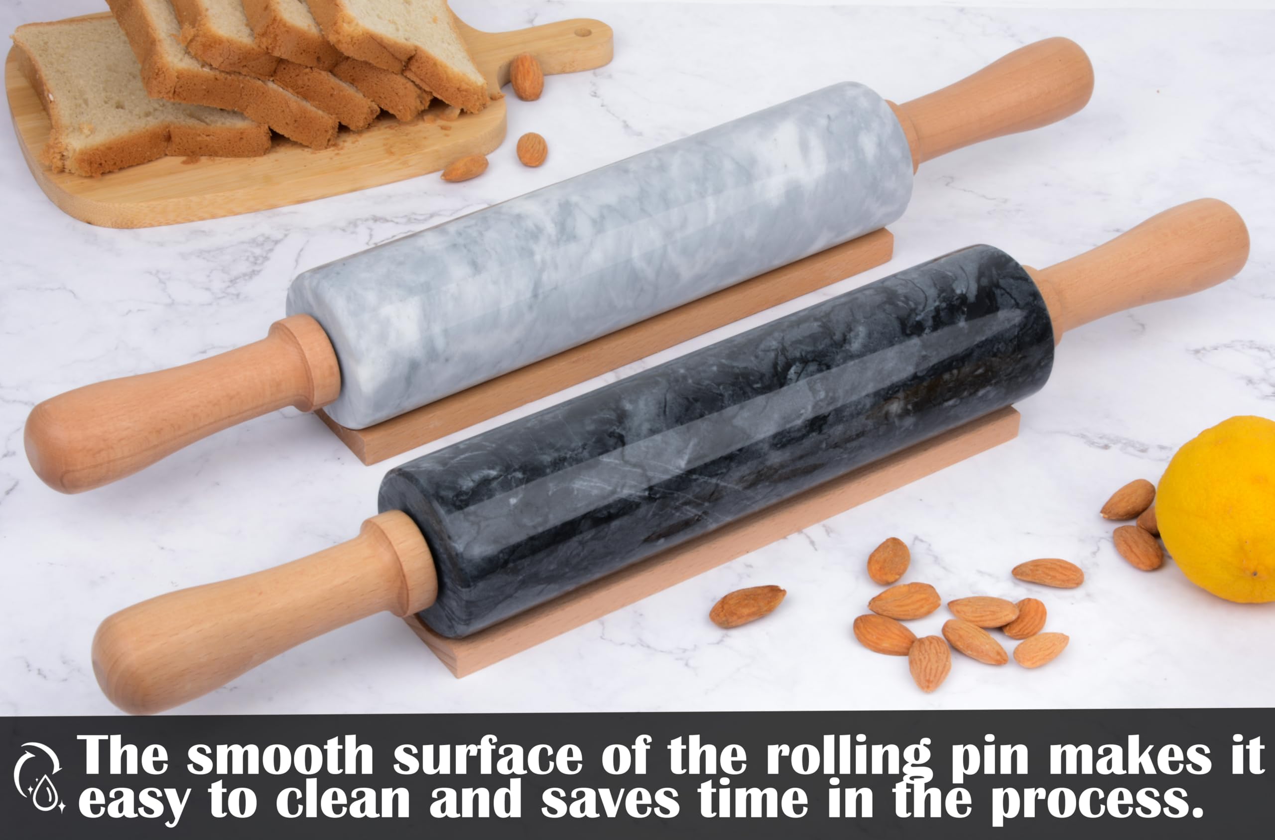 Juego de rodillos de mármol con alfombrilla de silicona para repostería, raspador de acero inoxidable, cepillo de silicona, pinzas de silicona, rodillo antiadherente pulido de 18.5 pulgadas