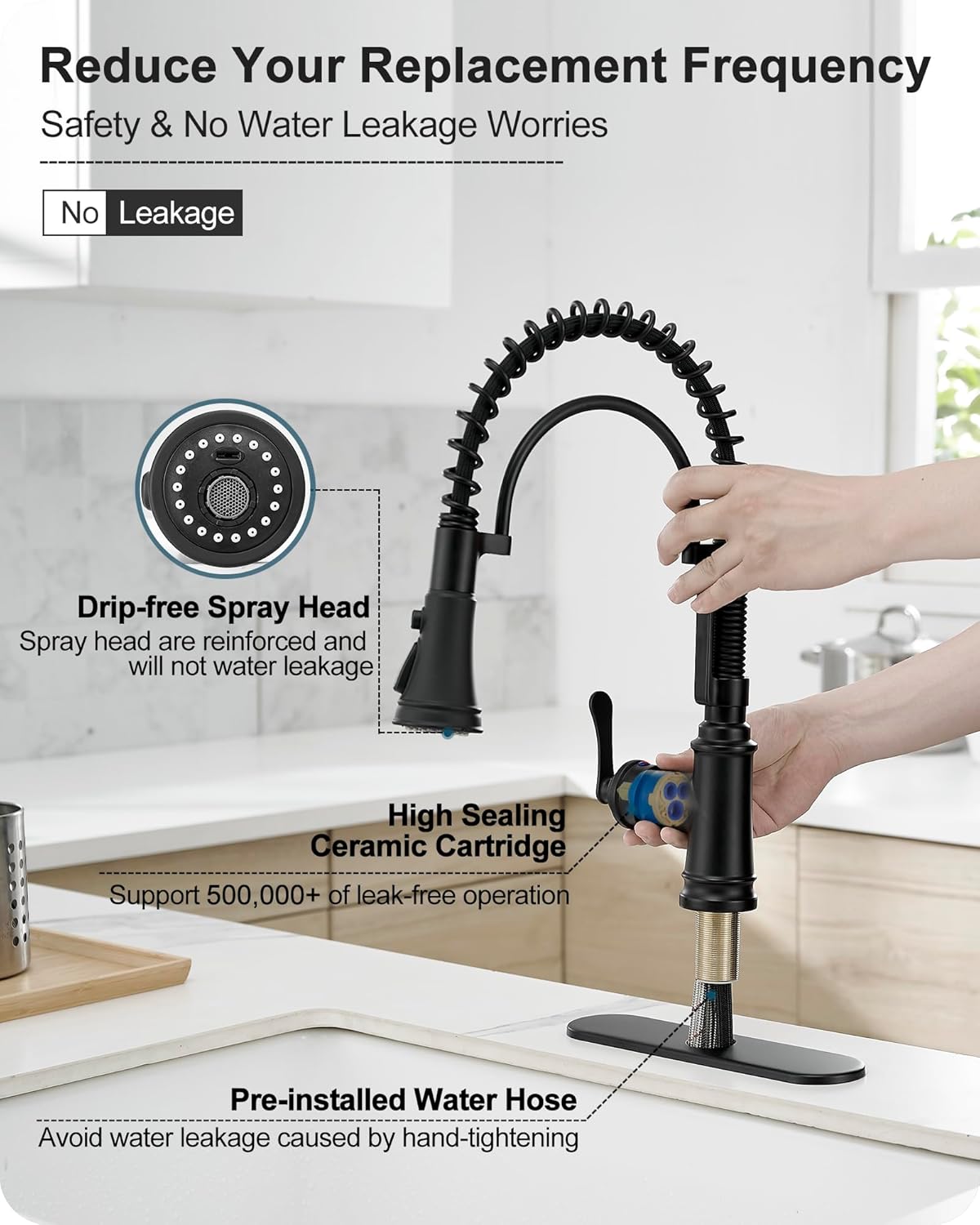 3-Function Kitchen Faucets with Pull Down Sprayer, 1 Hole or 3 Hole Kitchen Faucet Black, 1 Handle Kitchen Sink Faucets, 360 Degree Swivel Stainless Steel Faucet for Kitchen Sink with Deck Plate