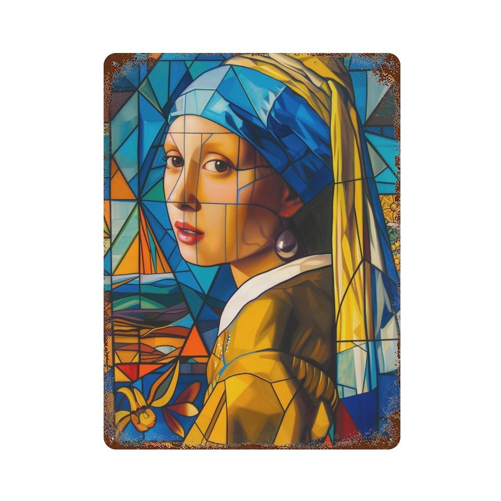 YHGERTKU Geometric Cubist Girl with A Pearl Earring 03 Wall Art Retro Iron Vintage Metal Tin Sign Poster Modern Decor for Living Rooms Gift 40x30cm