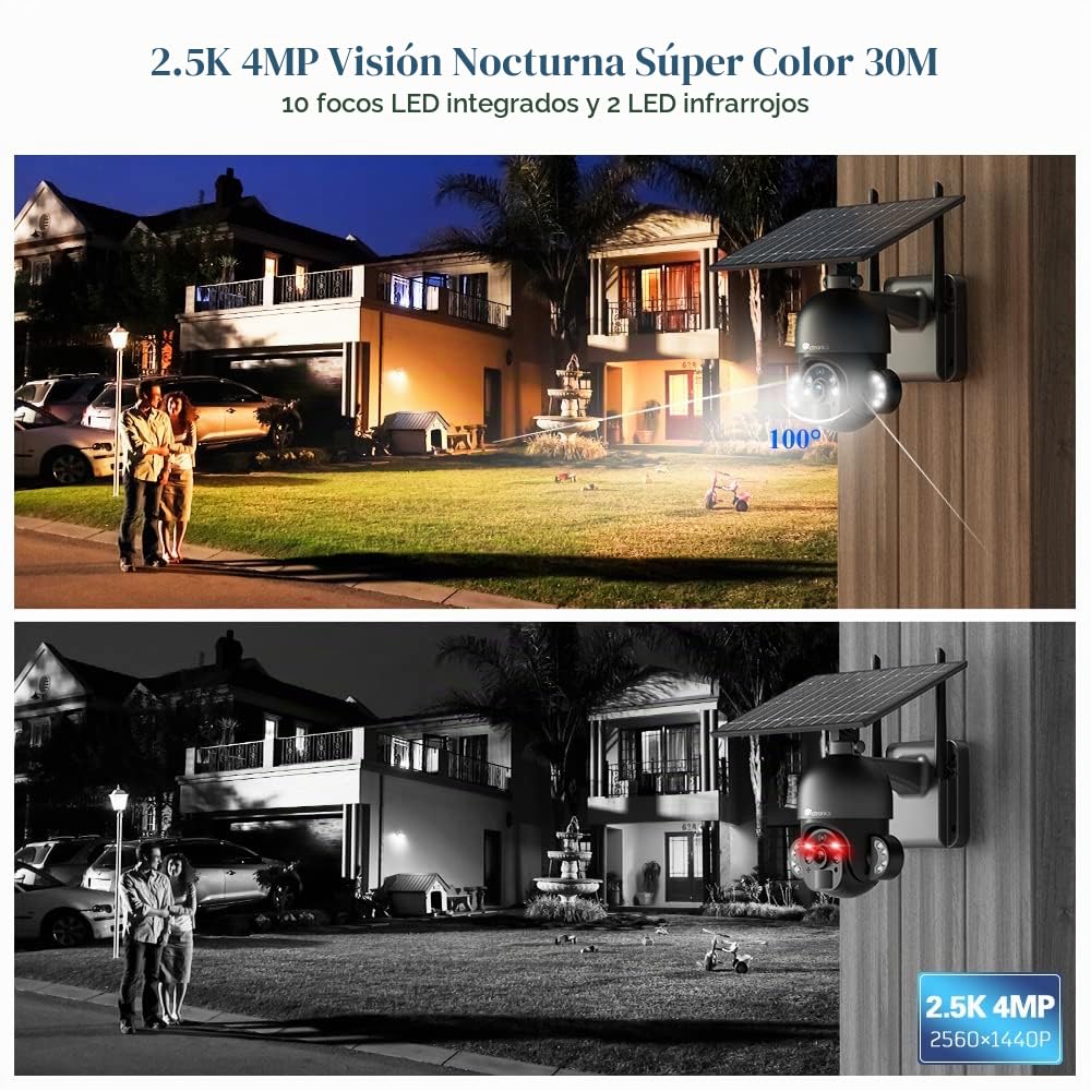 Ctronics 2.5K 4MP Camara Vigilancia WiFi Exterior Solar, Cámara con Batería | 10000mAh, Pan355° Tilt 95°, 30m de Visión Nocturna en Color, PIR de Detección de Personas, Audio Bidireccional, IP66