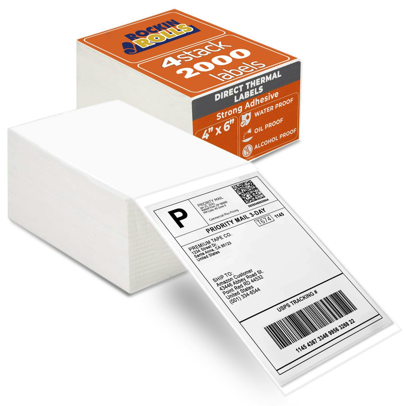 Rockin Rolls Thermal Shipping Labels (Total 2000) - 4 Packs of 500 Fanfold Direct 4x6 Thermal Labels. Thick Commercial Grade, Waterproof, Smudge Proof