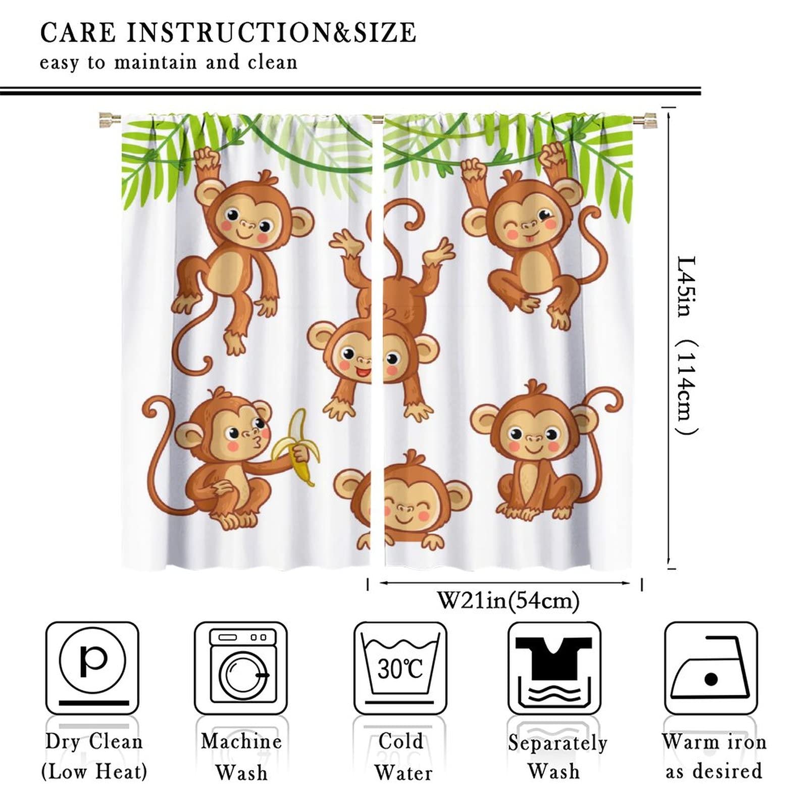 Monkey Blackout Curtain,Kids Cute Cartoon Animal Banana Forest Window Curtains Drapes Rod Pocket for Living Room Kitchen Cafe Bedroom Dining Room Decor,42x45 in