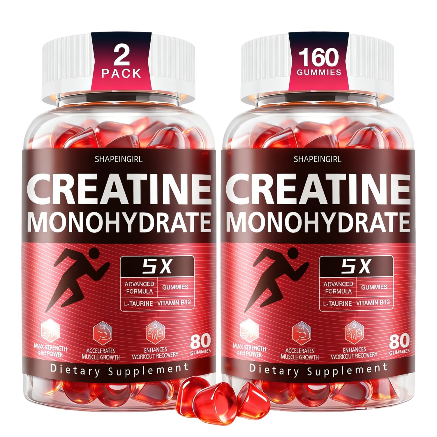 Creatine Monohydrate Gummies - Clean Creatine for Women Men for Muscle Strength, Improving Endurance &amp; Post Workout Recovery - Creatine Supplement - Raspberry Flavors (160 Gummies)