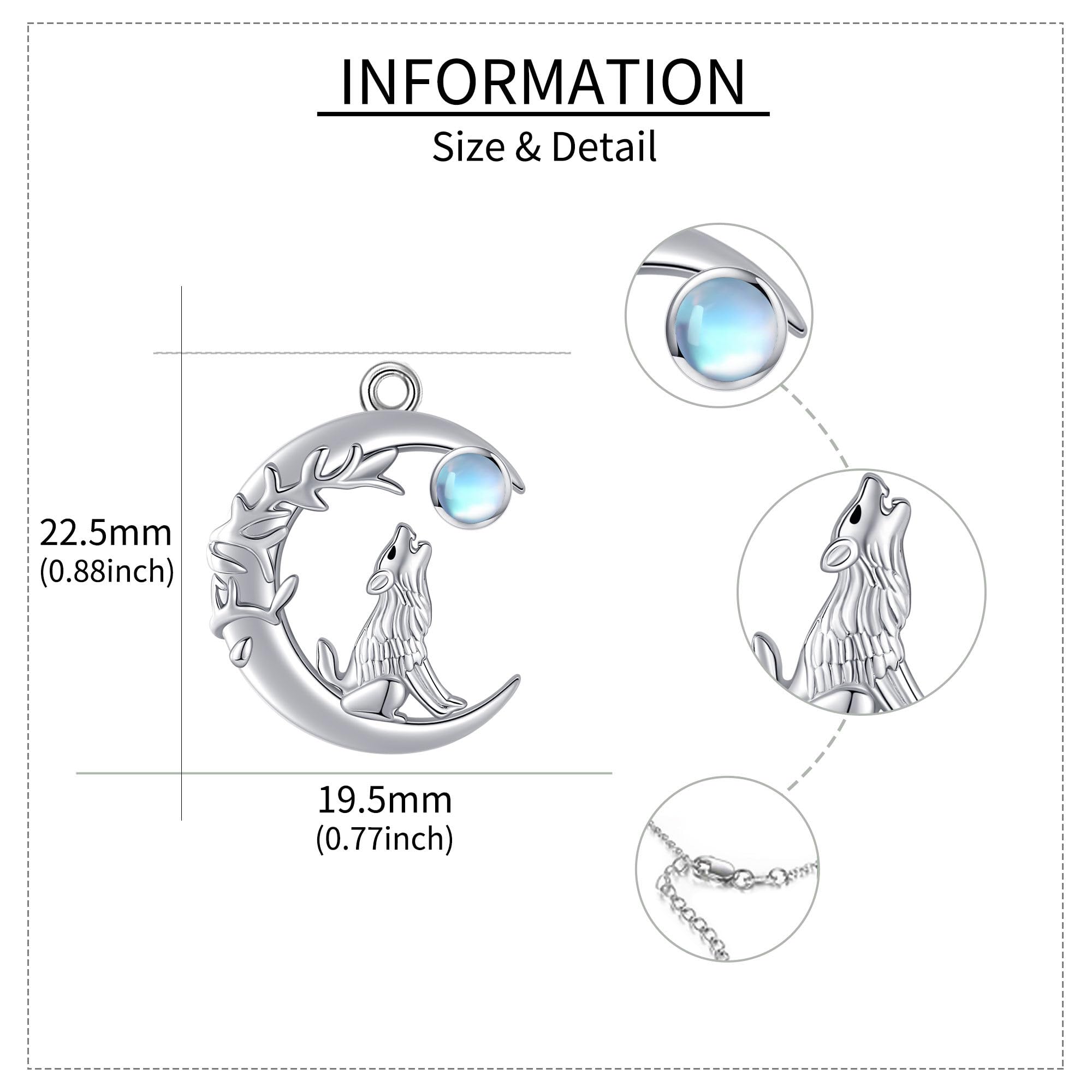 ONEFINITY Collar de lobo de plata de ley 925 con colgante de lobo y luna creciente, collar de piedra lunar, regalo para mujer, Piedra de luna