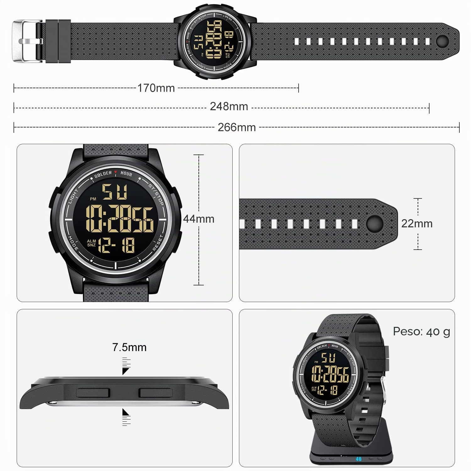 GOLDEN HOUR Relojes Digitales Impermeables Deportivos Ultrafinos para Hombre con Pantalla Gran Angular Correa de Caucho Reloj de Pulsera para Hombre Mujer