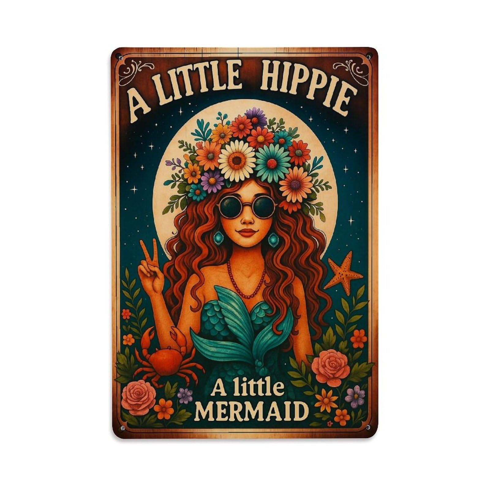 Jdfenggu Vintage A Little Hippie Mermaid Pattern Retro Metal Tin Sign, Metal Poster For Bar, Home, Man Cave, Kitchen, Laundry Room Art Decor 8X12 Inch