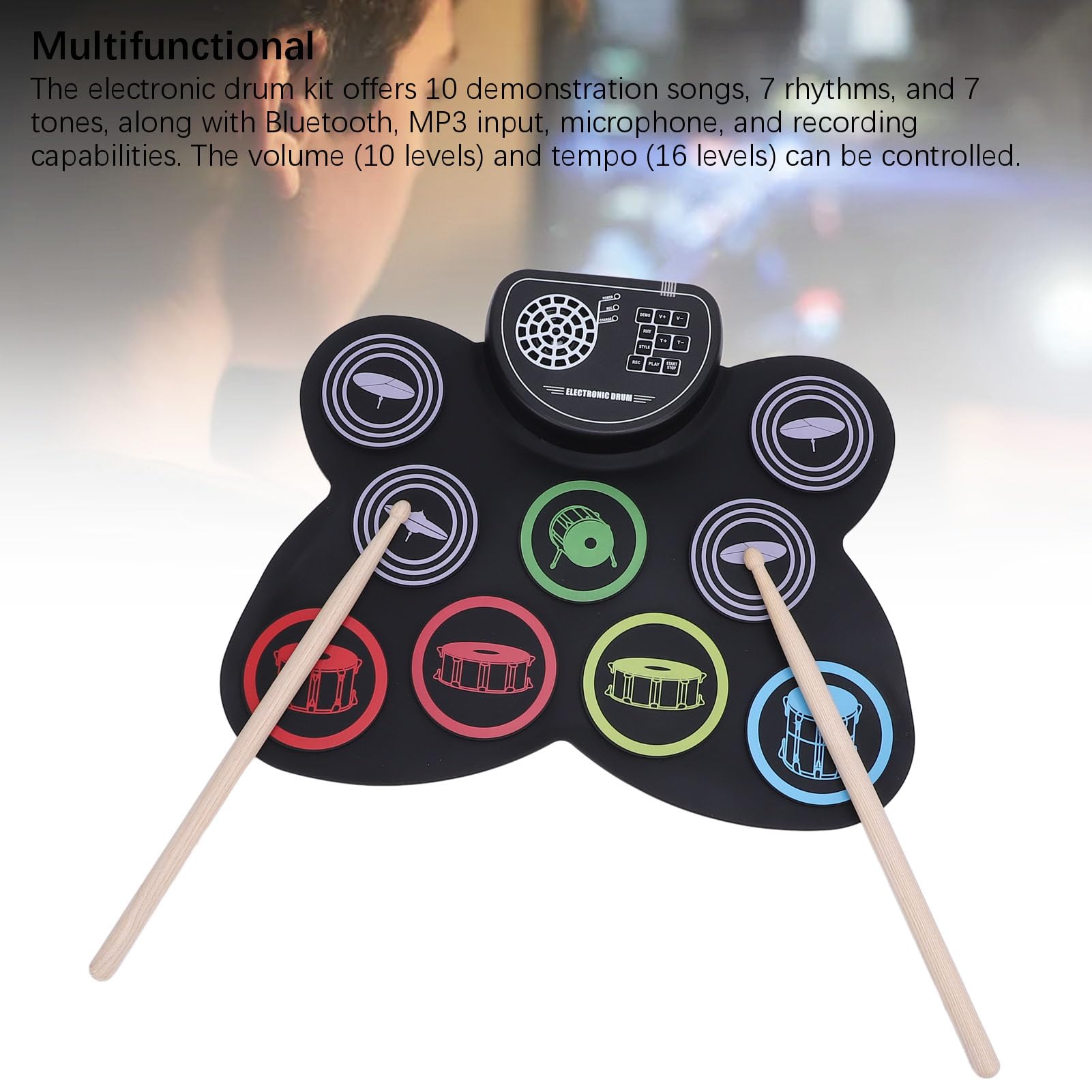 Elektronischer Drum -Set, 9 Drum -Übungskissen, wiederaufladbare tragbare Roll -Up -Drum -Pad -Kit mit Pedalen Drumsticks Dual Lautsprecher Drum Percussion Instrumente