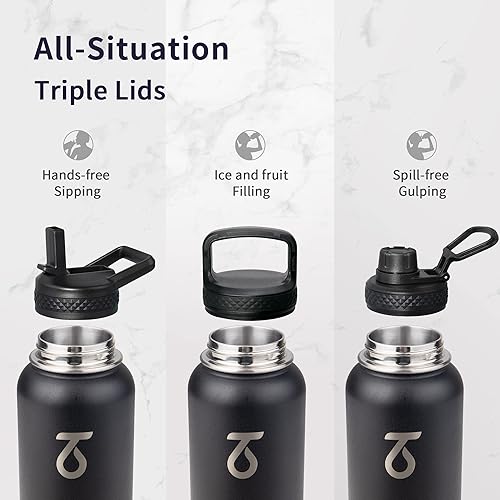 Miniatura 3 de Trebo Botella de agua de 32 onzas aislada con tapa y popote, vaso de metal de acero inoxidable de doble pared al vacío con mango de paracaídas,