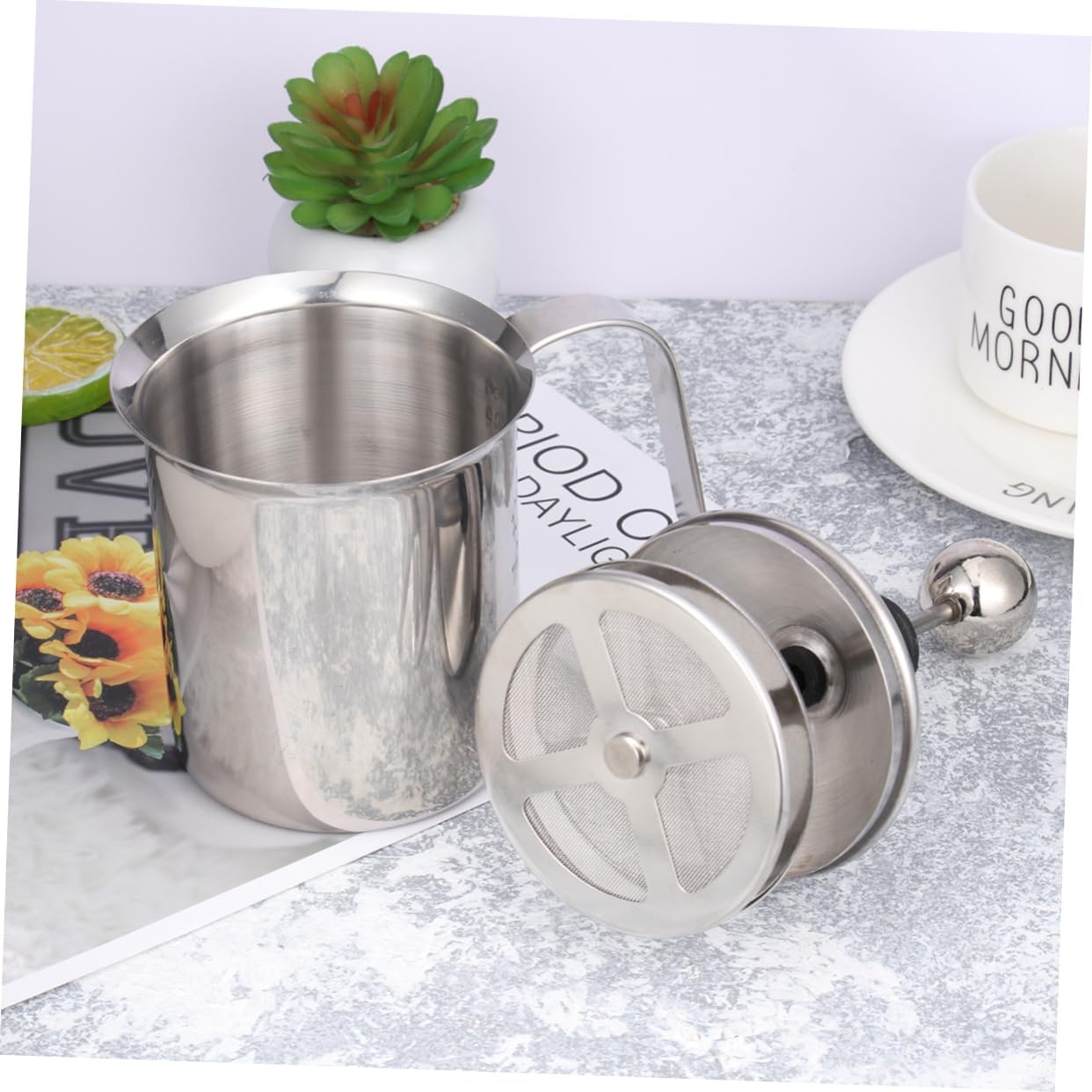 Manual Milk Frother Pitcher 400ml Double Mesh Stainless Steel Milk Handle