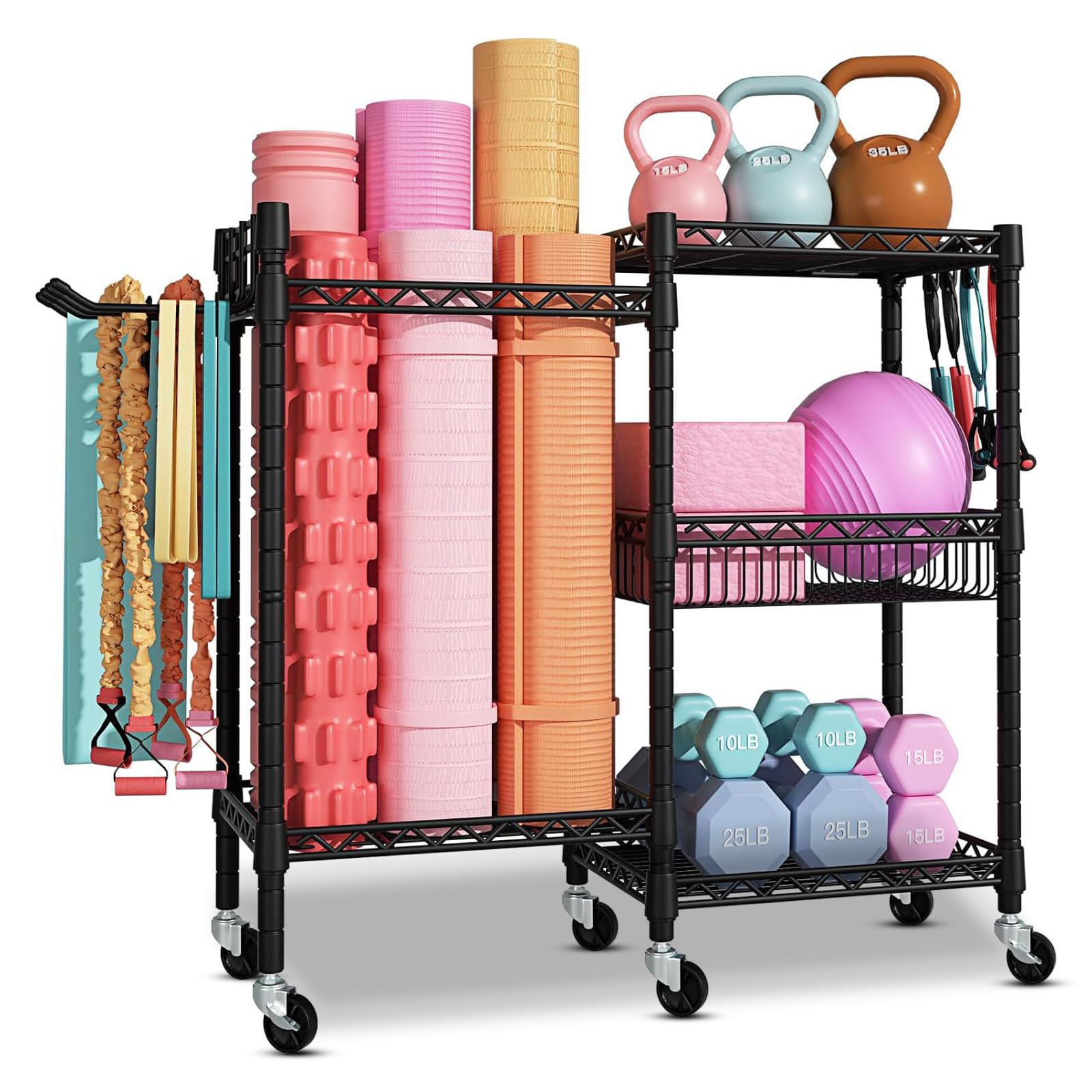 3-Tier Heavy-Duty Carbon Steel Gym Storage Rack with Lockable Wheels & Hooks – Fitness Organizer for Dumbbells, Yoga Mats, Kettlebells & Resistance Bands – 91.5×30×82.5cm, 120KG Load for Home Gym