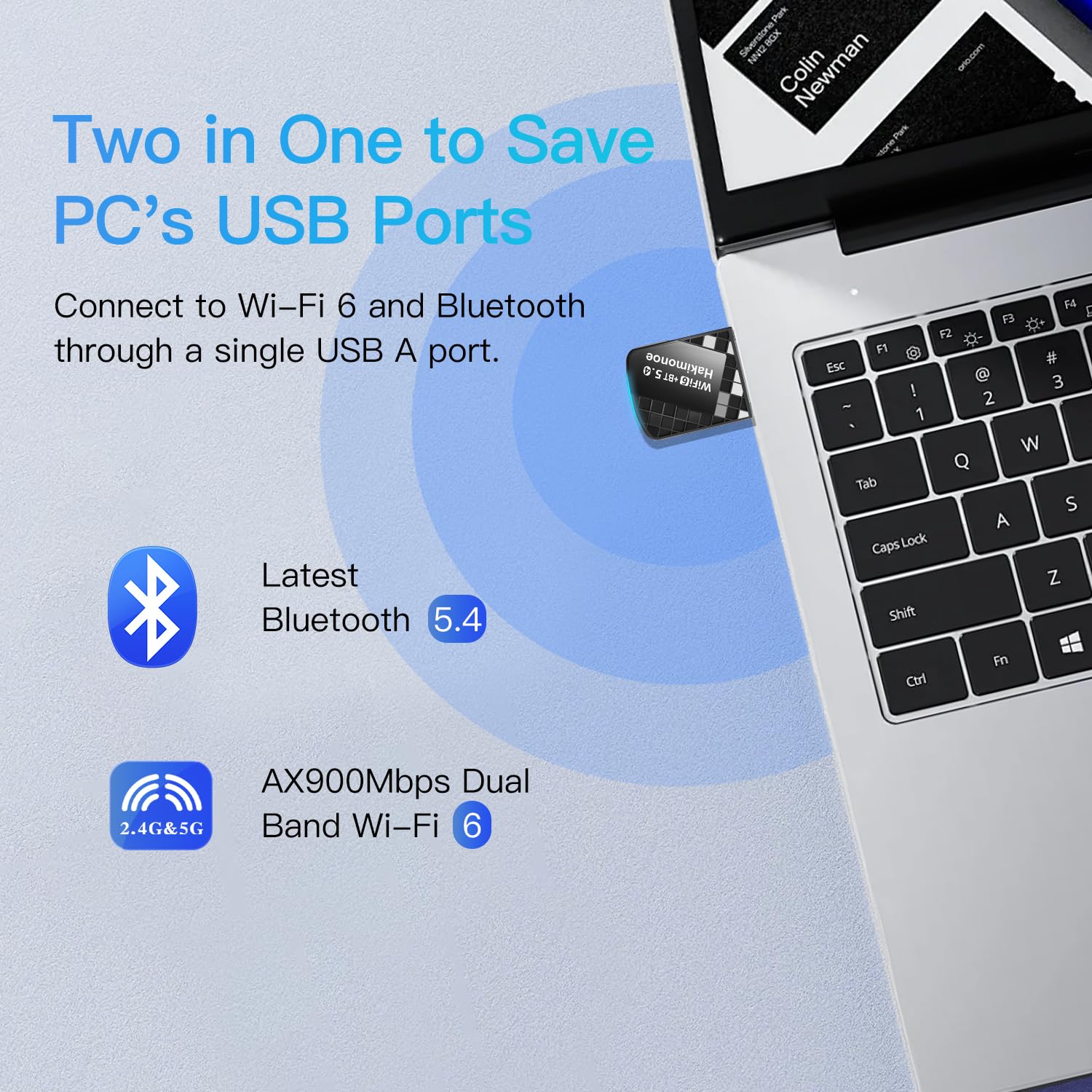 Hakimonoe 2-in-1 USB AX900Mbps WiFi 6 Bluetooth Adapter for PC, Latest Bluetooth 5.4 Wi-Fi 2.4G/5GHz Dual Band Wireless Network Dongle for Windows 11 10 Laptop Desktop, Plug n Play w/Built-in Driver