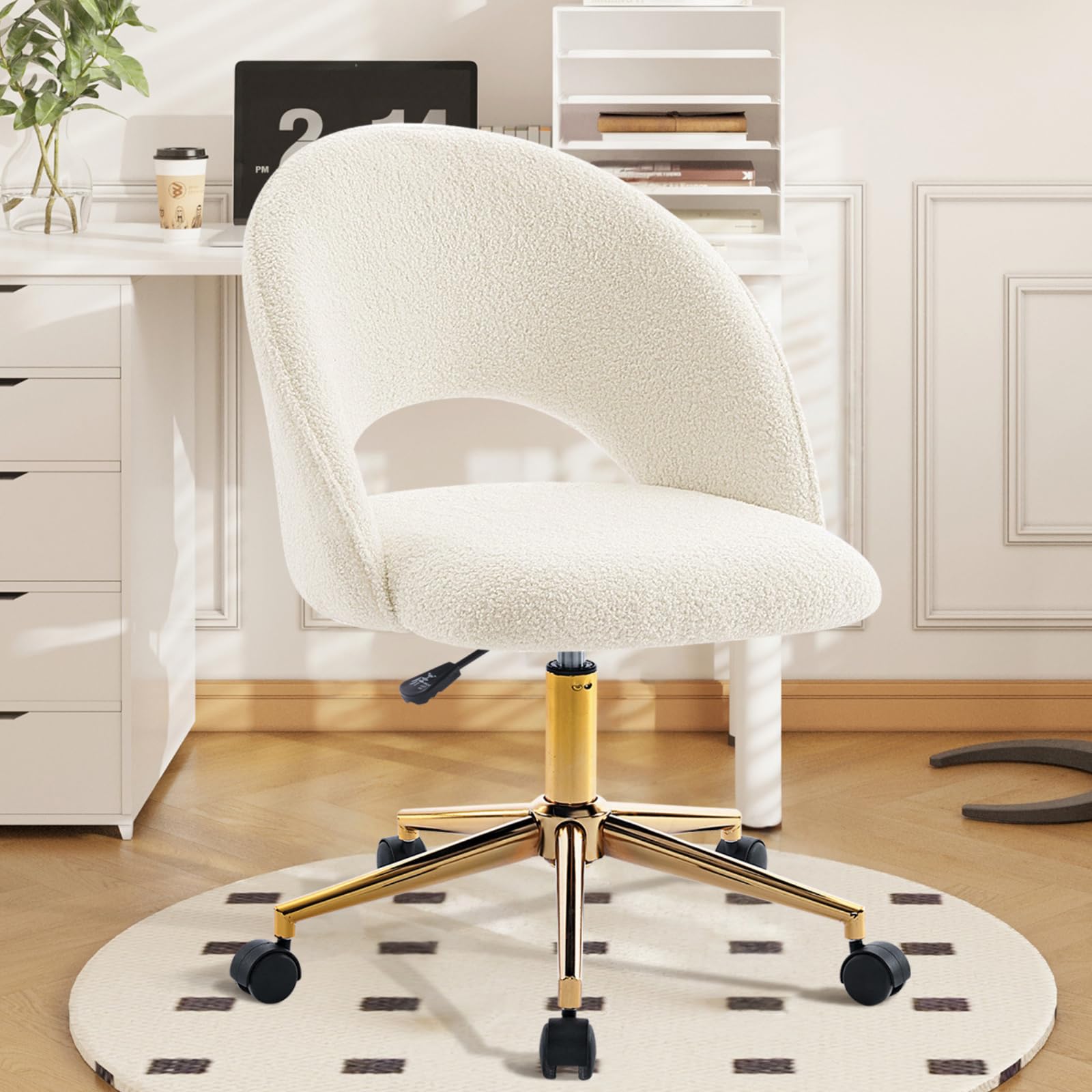Hellove Silla de Oficina con Respaldo para niñas, Silla de Oficina con Ruedas sin reposabrazos, con Estructura metálica Dorada, para Sala de Estar, Sala de Maquillaje, Dormitorio, Sherpa Blanco