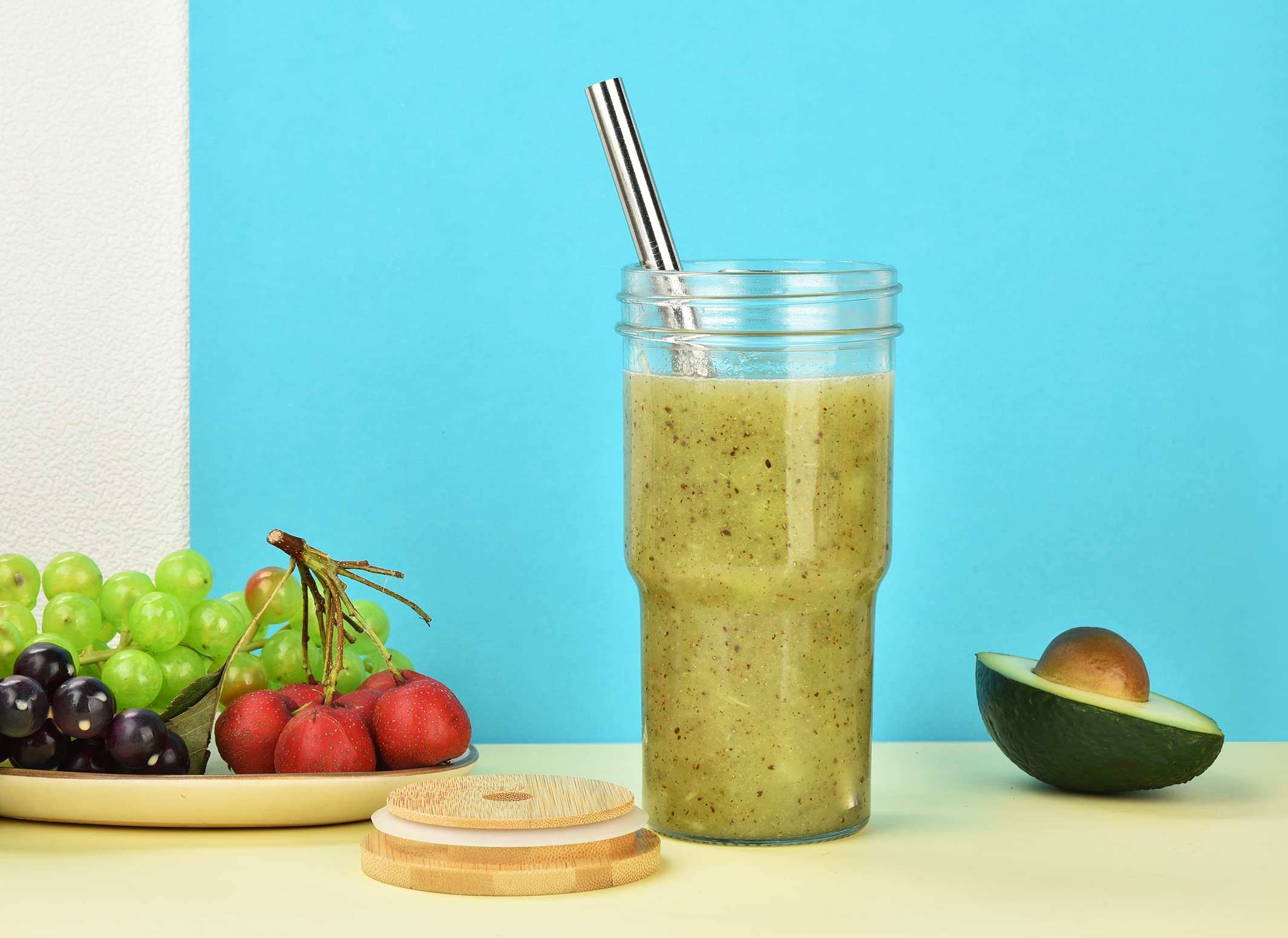 ALINK Lot de 4 tasses à thé à bulles réutilisables, à large ouverture de 650 ml, tasse à café glacé, smoothie, gobelet avec couvercle et paille, gobelet Mason Jar