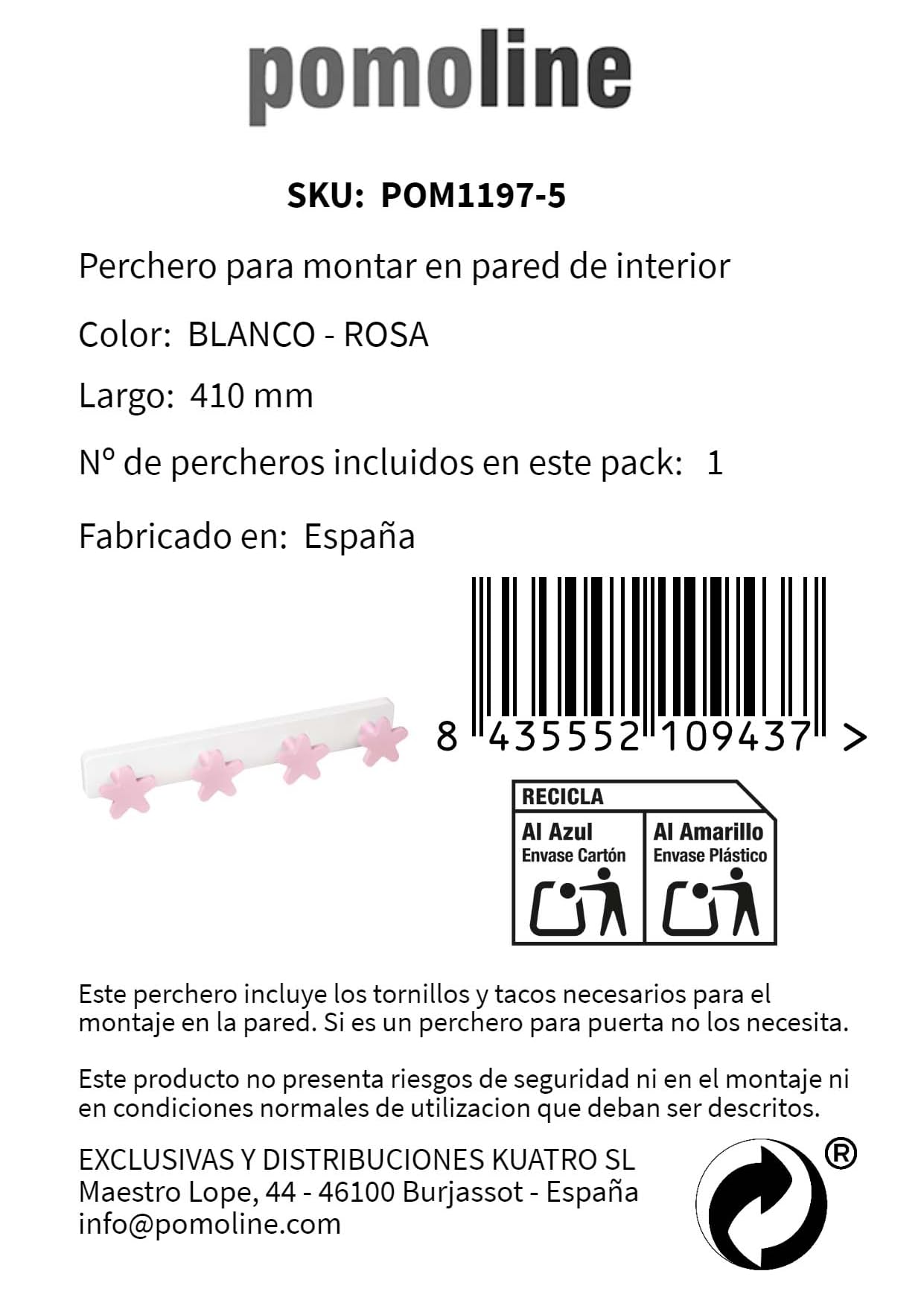 PERCHA Pared habitación BEBÉ Estrellas rosa madera lacada con base plástico resina ABS 410x60MM