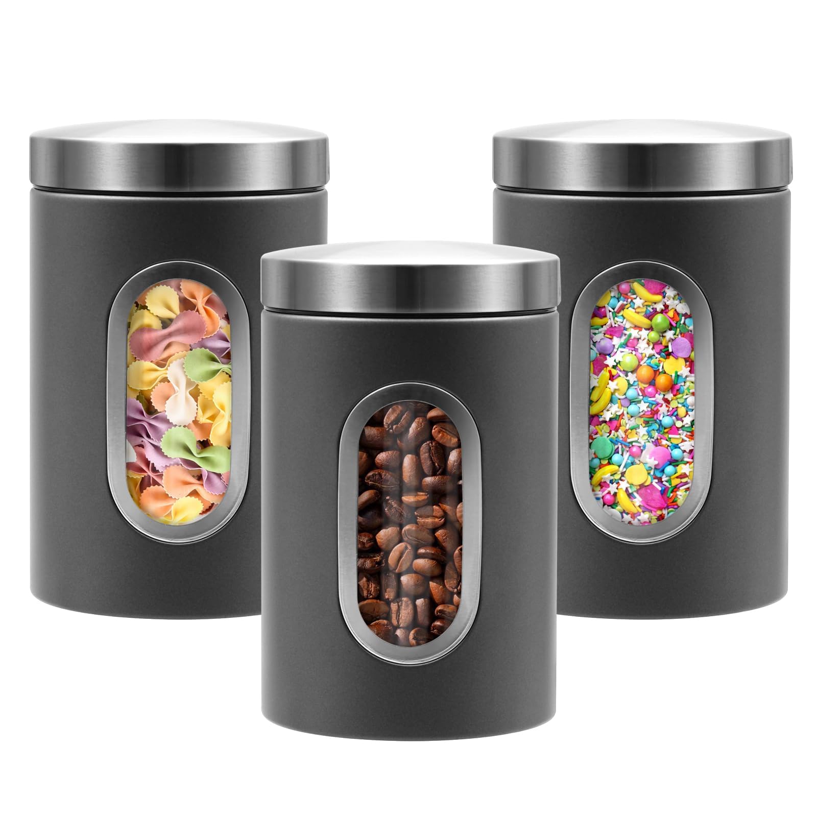 Eidoct Tea Coffee and Sugar Canisters Set, Kitchen Canister Set 3 Piece Stainless Steel Coffee Tea Sugar Clear with Glass Viewing Window & Airtight Lids,Cereal Storage Container for Kitchen